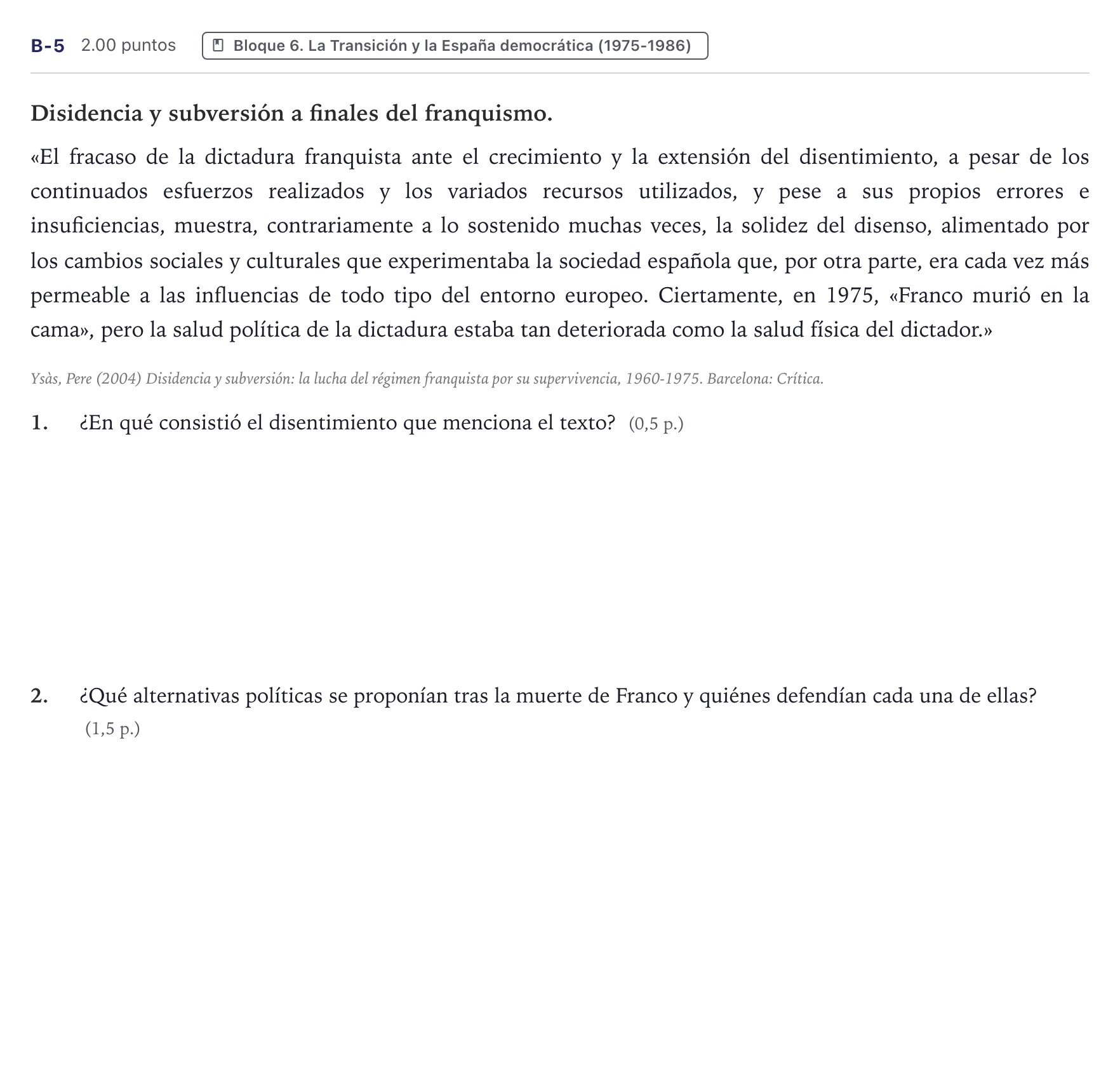 Enunciado: Ejercicio B-5 · Historia de España PAU Canarias Junio (Ciencias) 2022