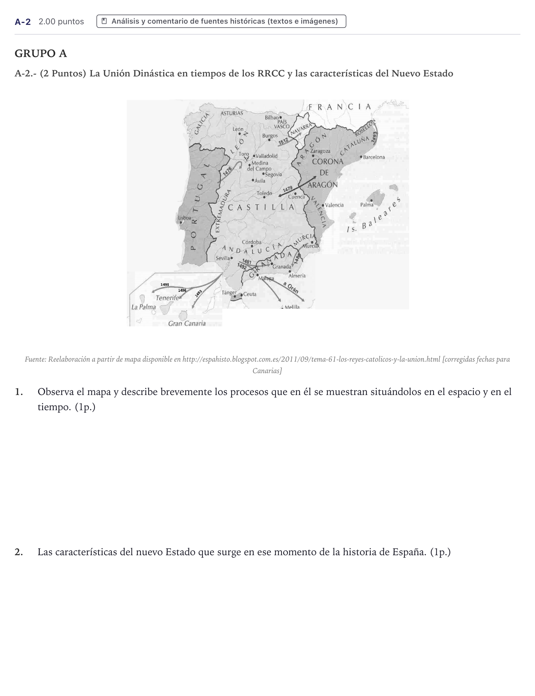 Enunciado: Ejercicio A-2 · Historia de España PAU Canarias Junio (Humanidades) 2022