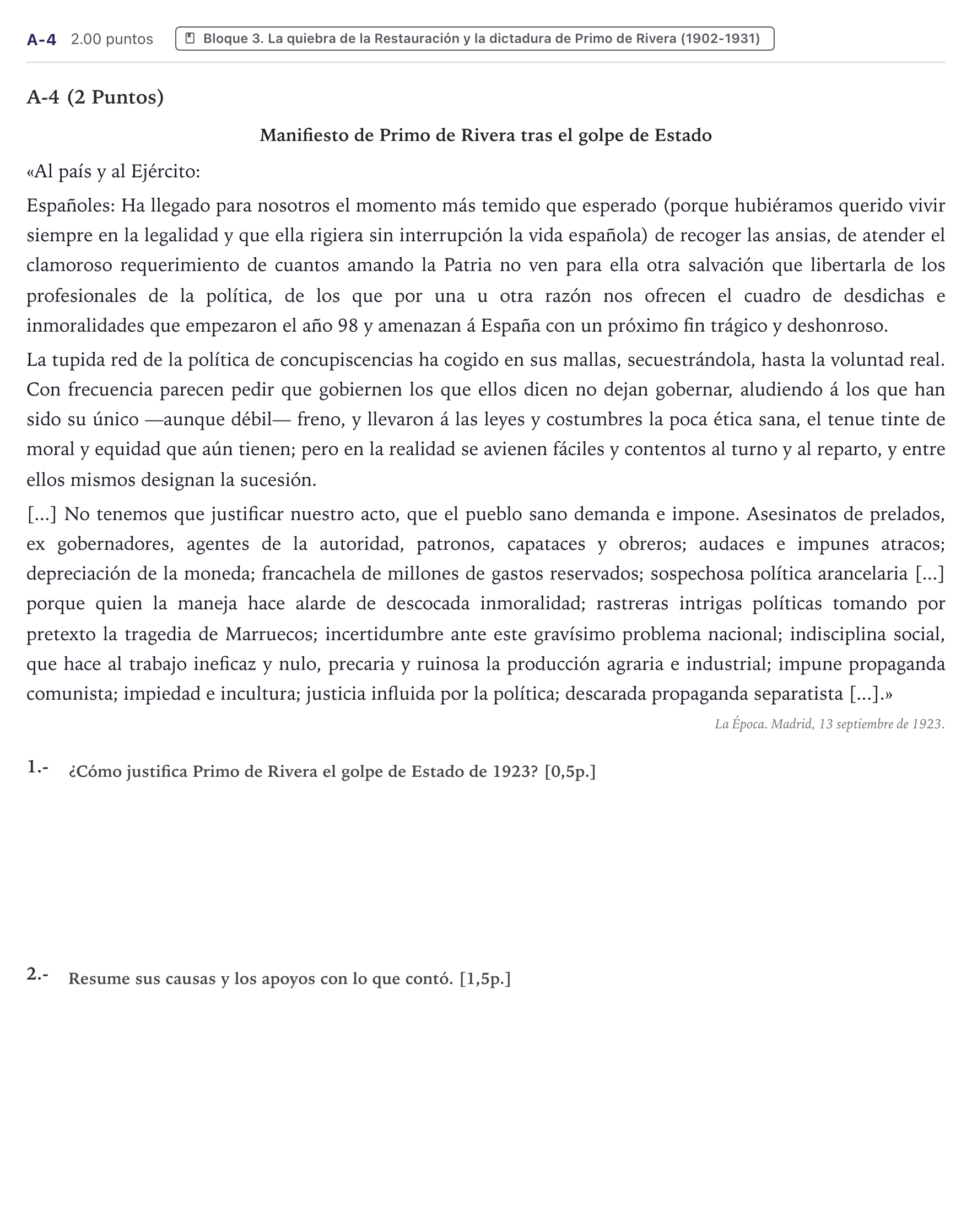 Enunciado: Ejercicio A-4 · Historia de España PAU Canarias Junio (Humanidades) 2022