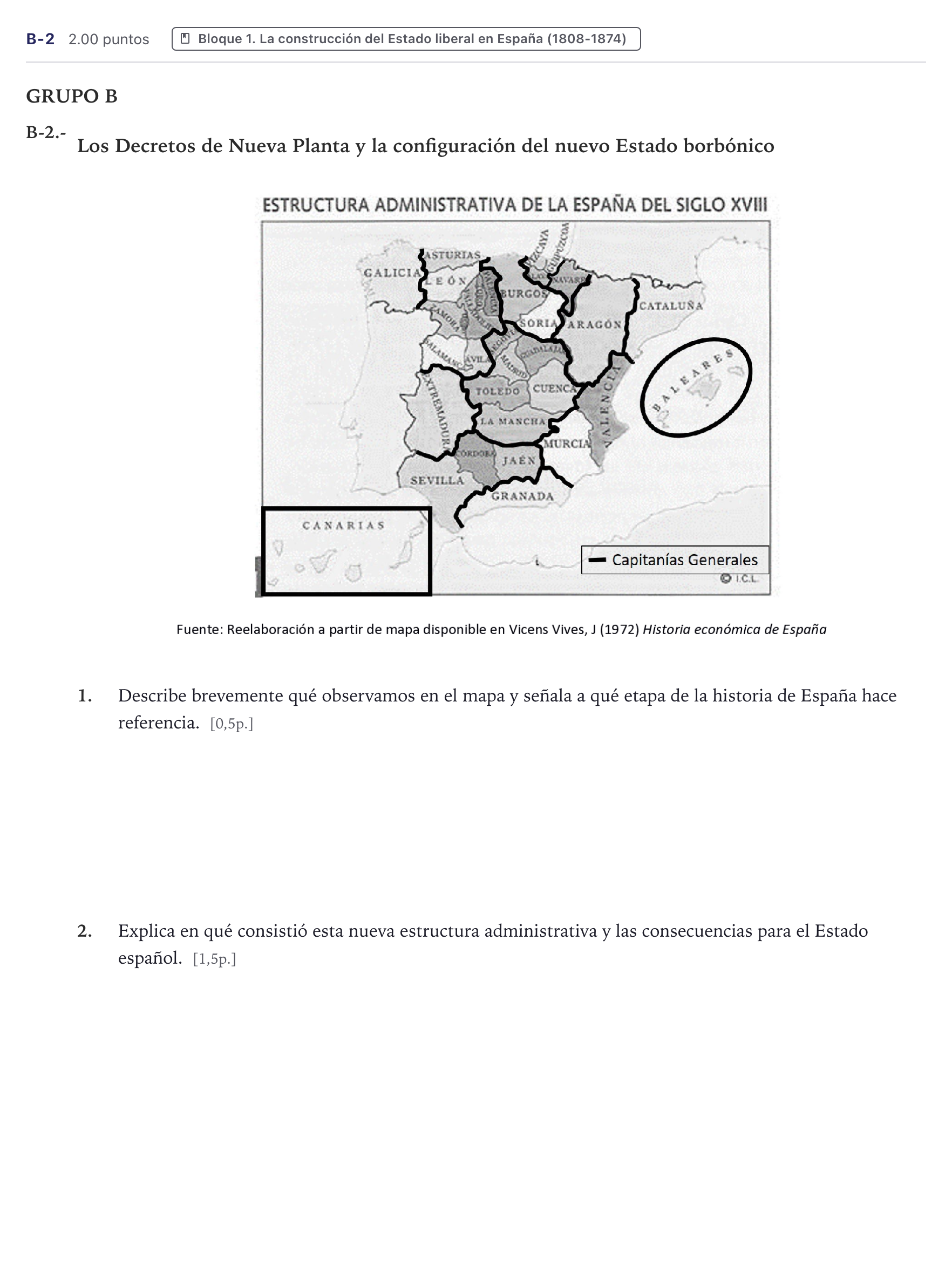 Enunciado: Ejercicio B-2 · Historia de España PAU Canarias Junio (Humanidades) 2022