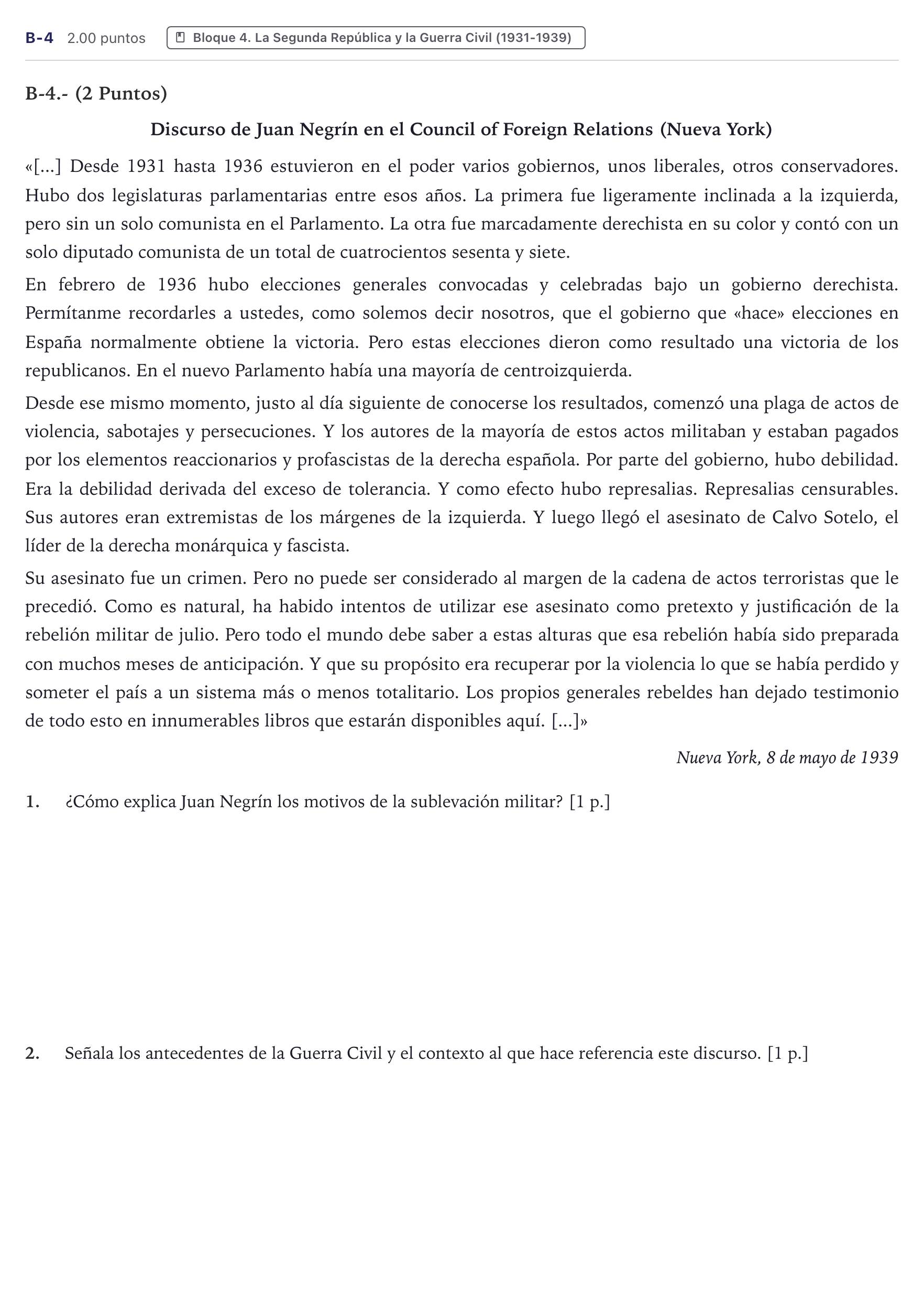 Enunciado: Ejercicio B-4 · Historia de España PAU Canarias Junio (Humanidades) 2022