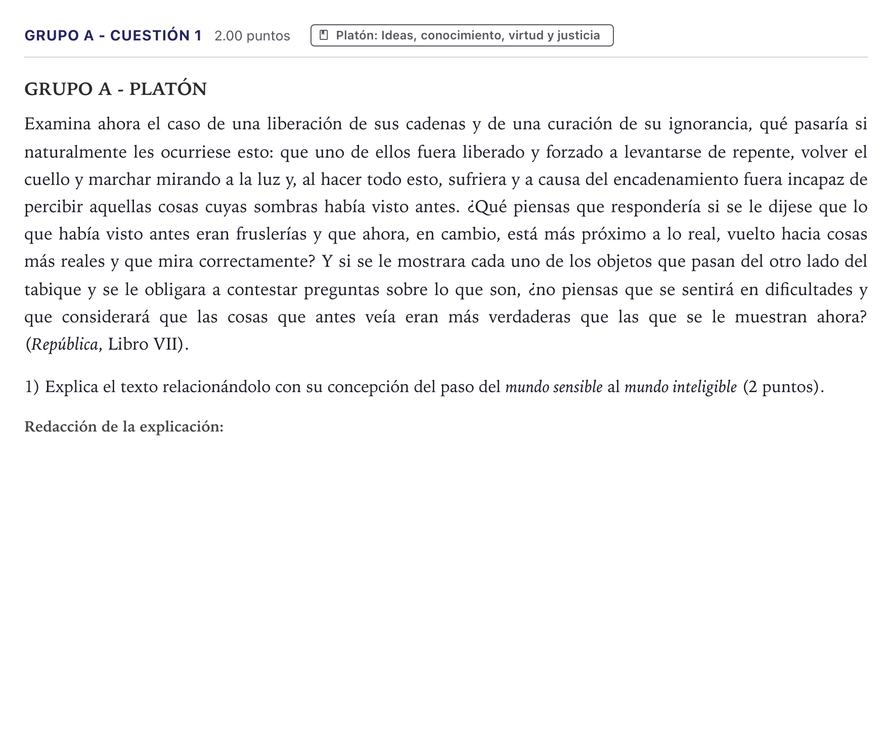 Enunciado: Ejercicio Grupo A - Cuestión 1 · Historia de la Filosofía PAU Canarias Junio 2022