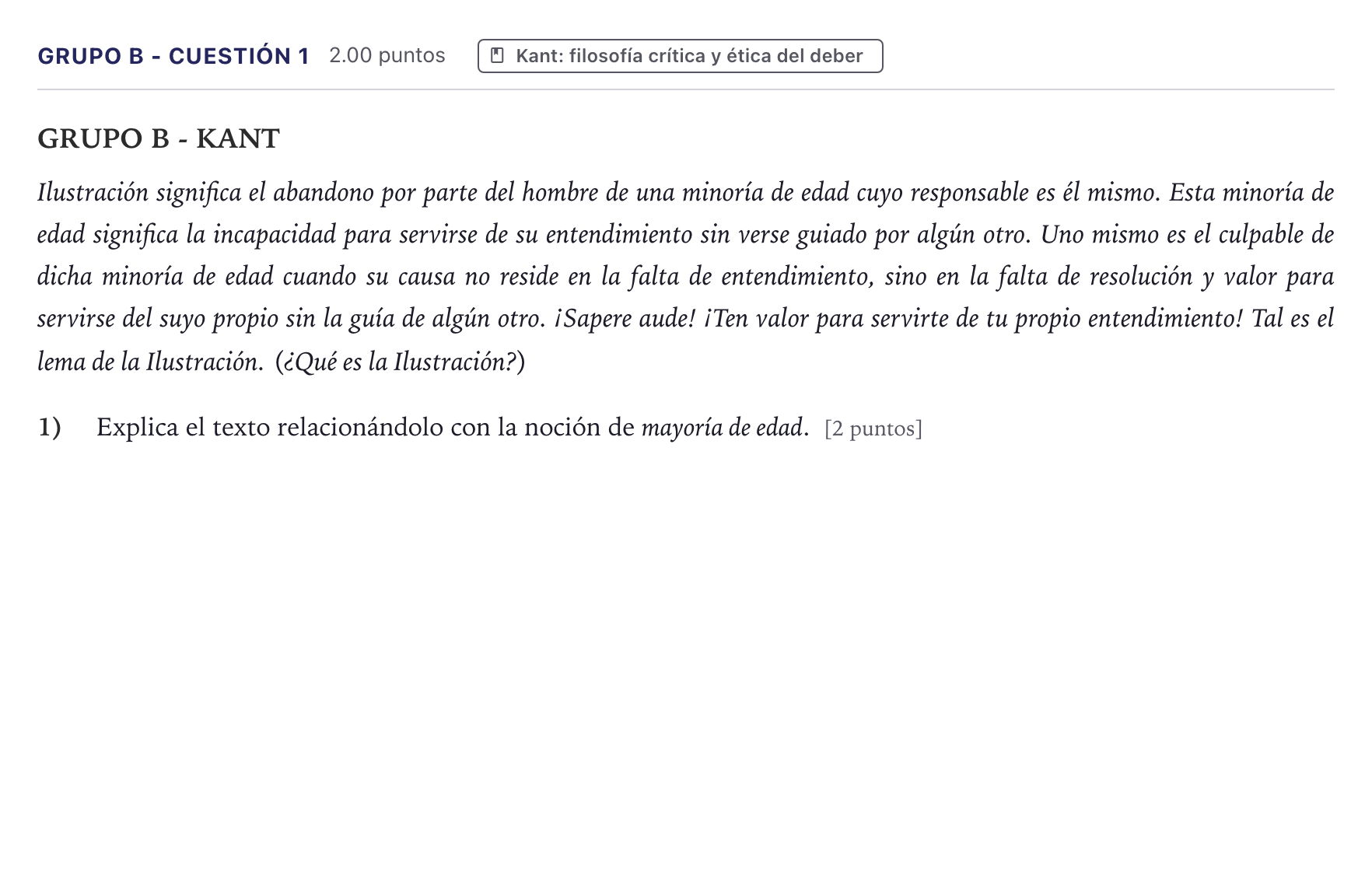 Enunciado: Ejercicio Grupo B - Cuestión 1 · Historia de la Filosofía PAU Canarias Junio 2022