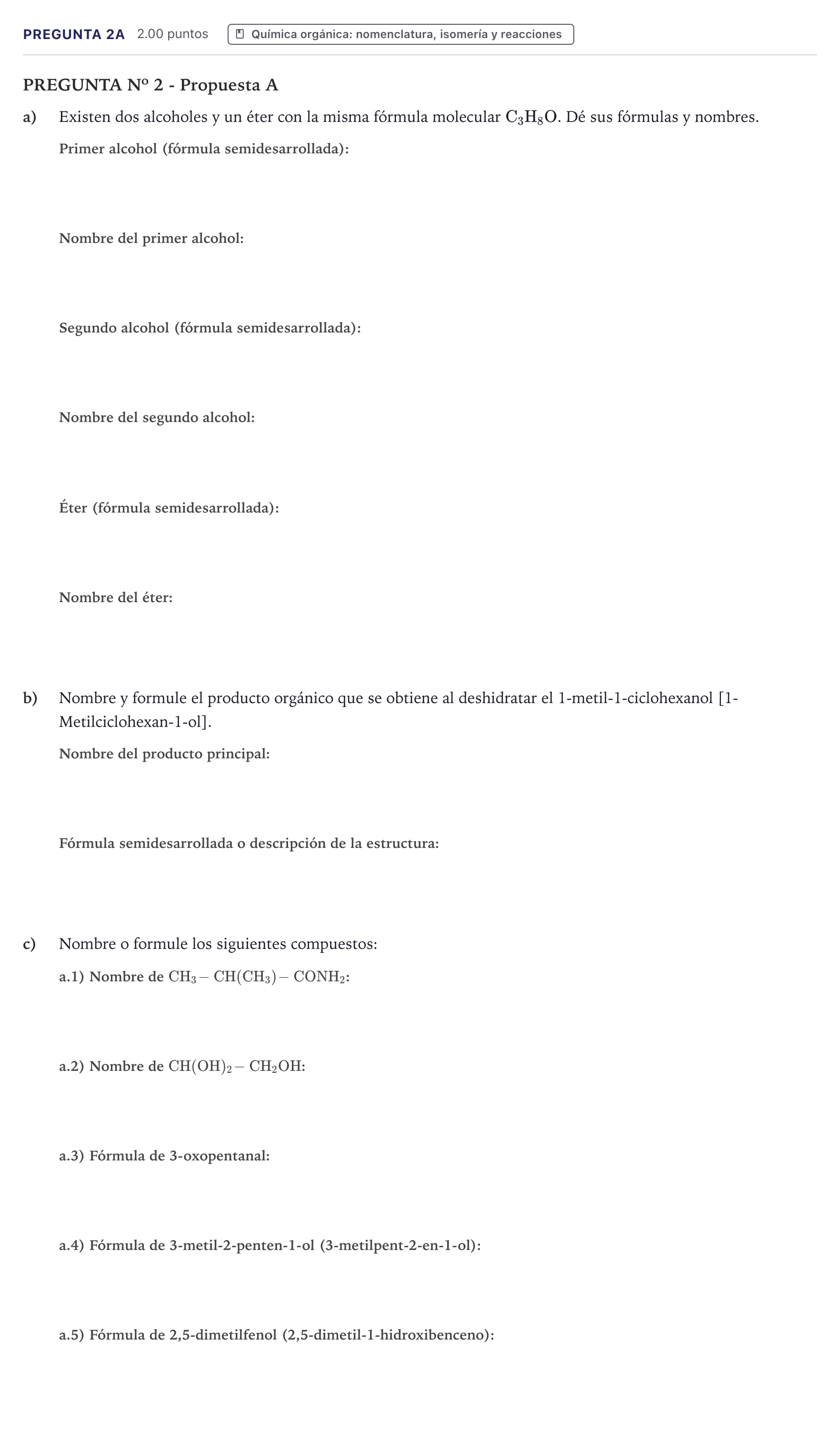 Enunciado: Pregunta 2A · Química PAU Canarias Junio 2022