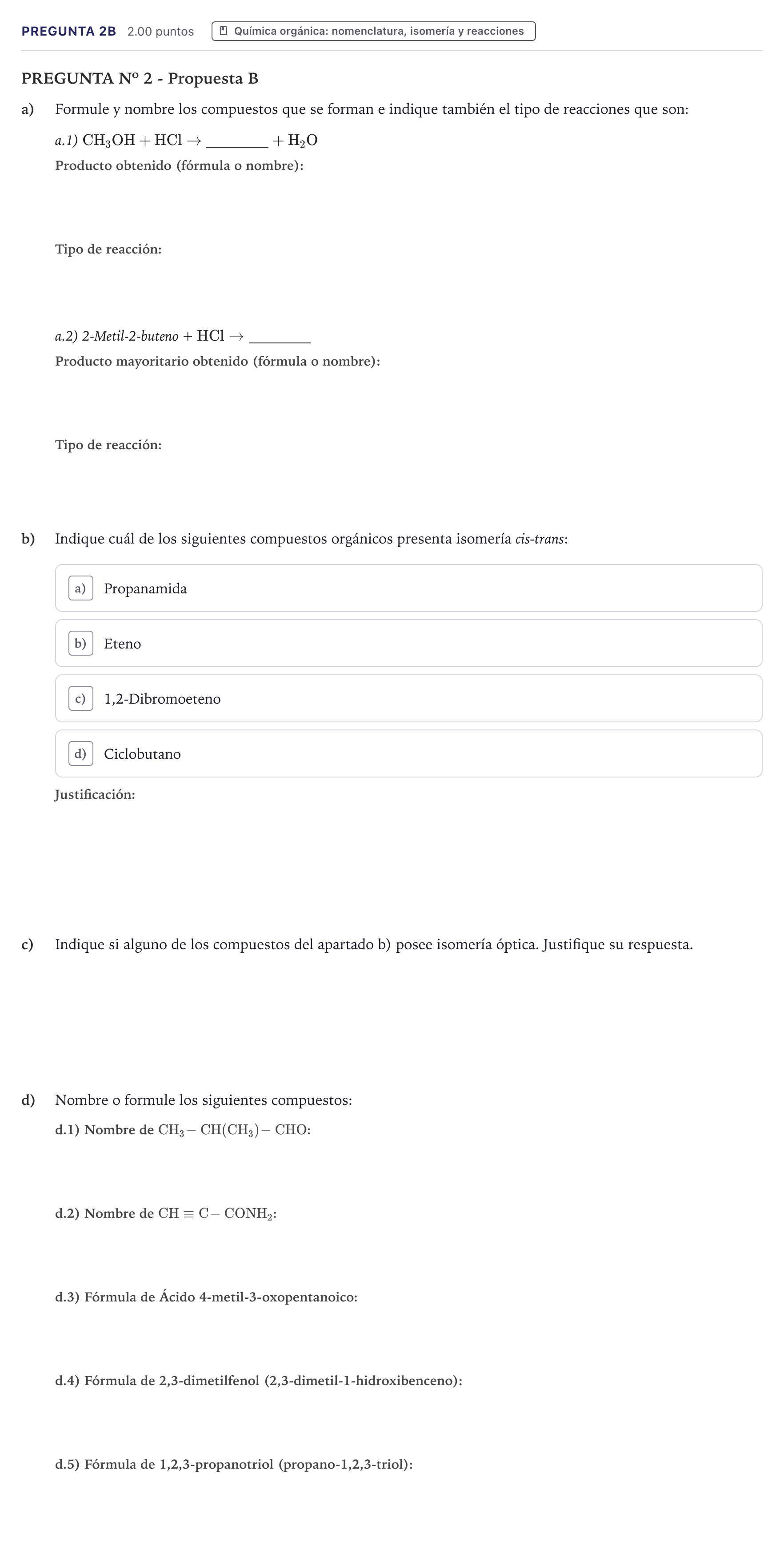 Enunciado: Pregunta 2B · Química PAU Canarias Junio 2022