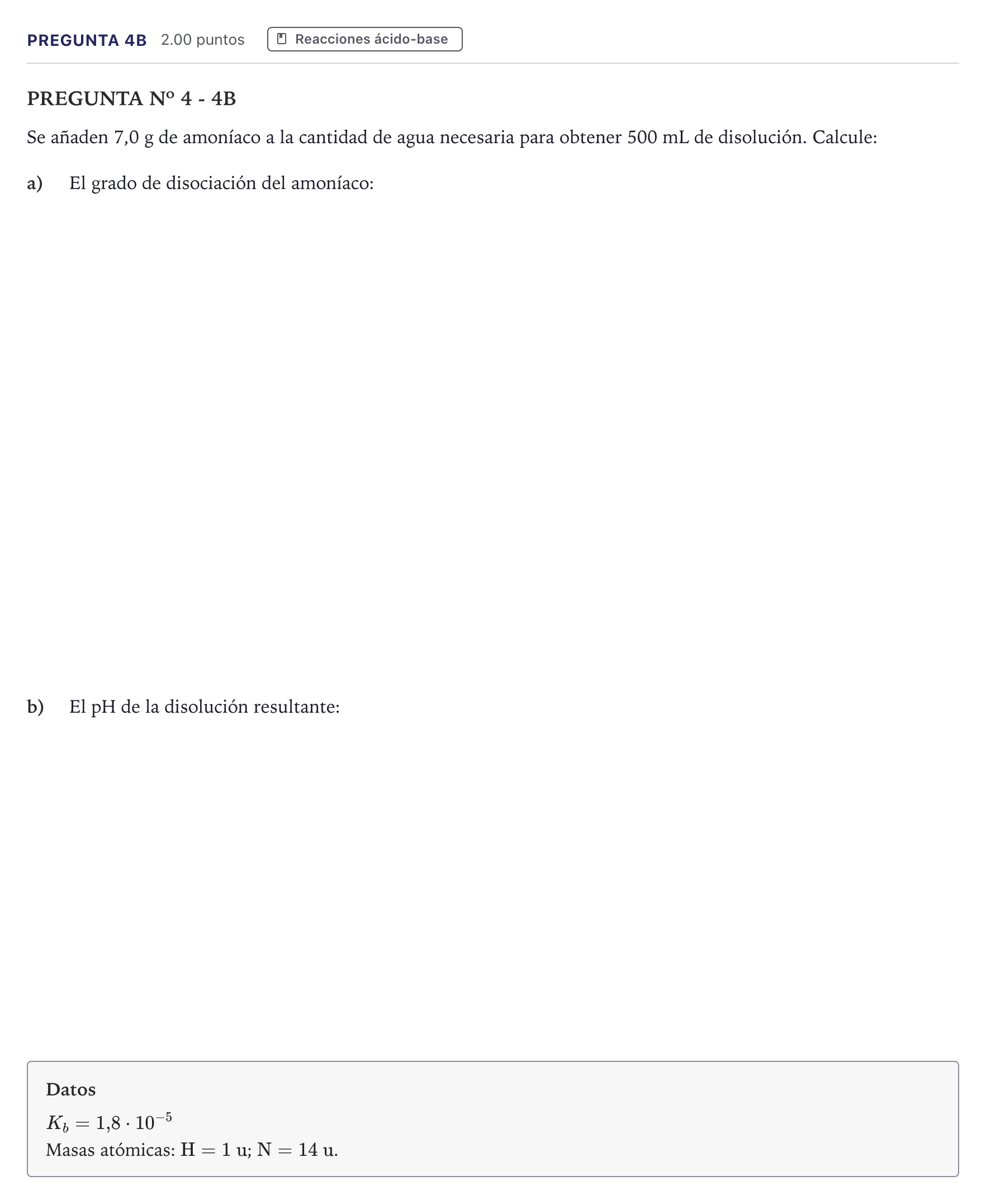 Enunciado: Pregunta 4B · Química PAU Canarias Junio 2022
