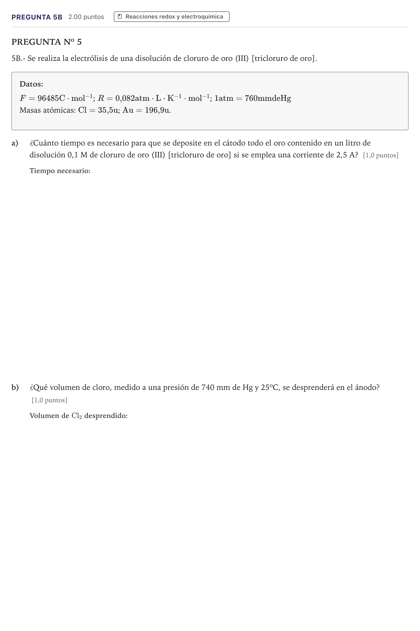 Enunciado: Pregunta 5B · Química PAU Canarias Junio 2022