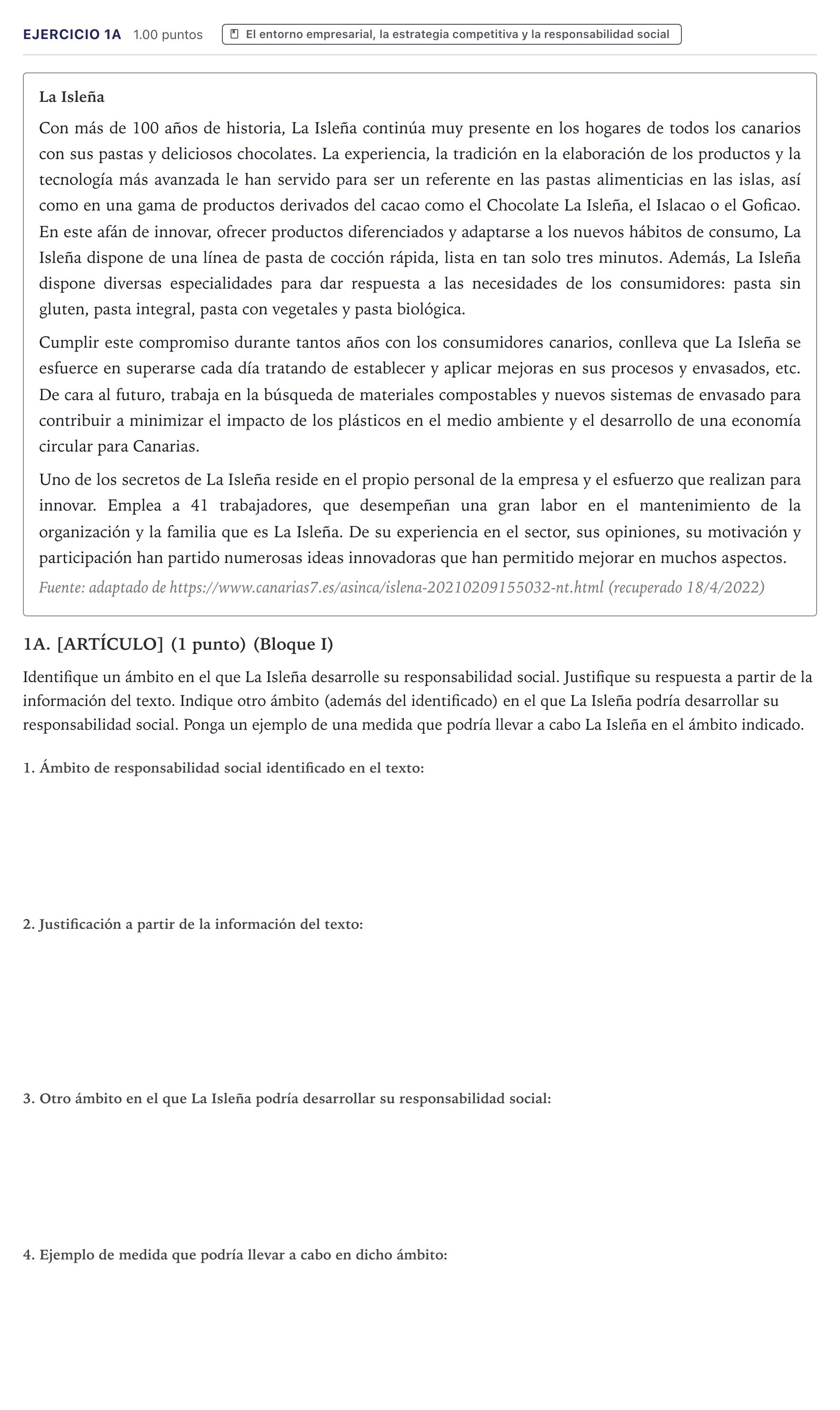Enunciado: Ejercicio 1A · Economía de la Empresa PAU Canarias Junio 2022