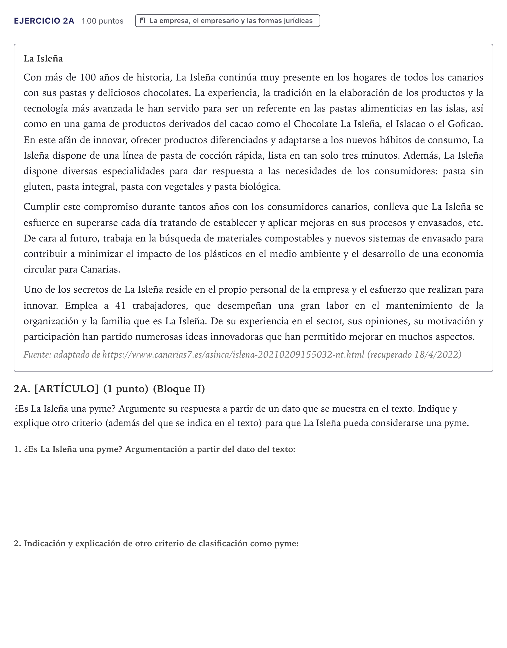 Enunciado: Ejercicio 2A · Economía de la Empresa PAU Canarias Junio 2022