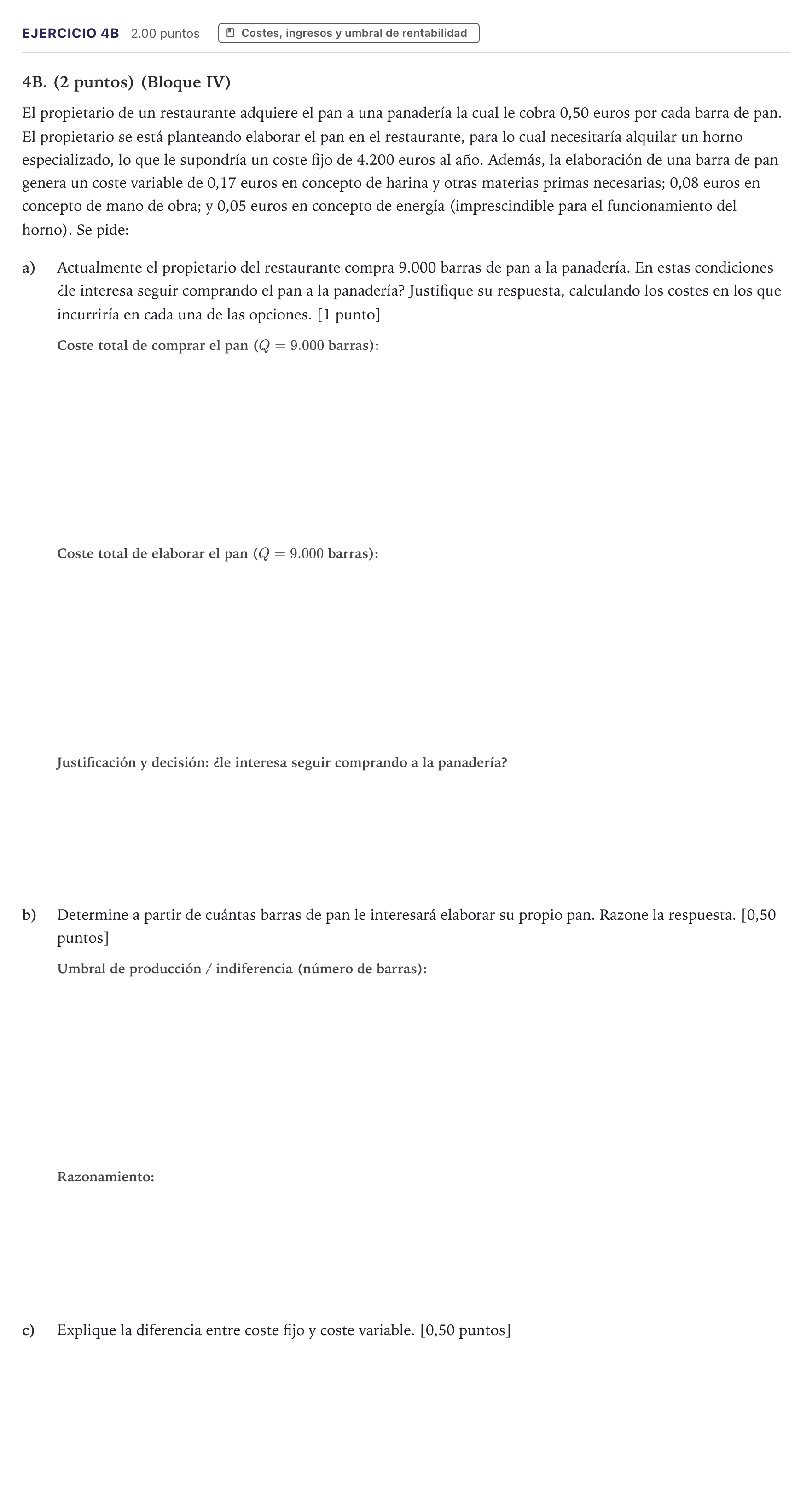 Enunciado: Ejercicio 4B · Economía de la Empresa PAU Canarias Junio 2022