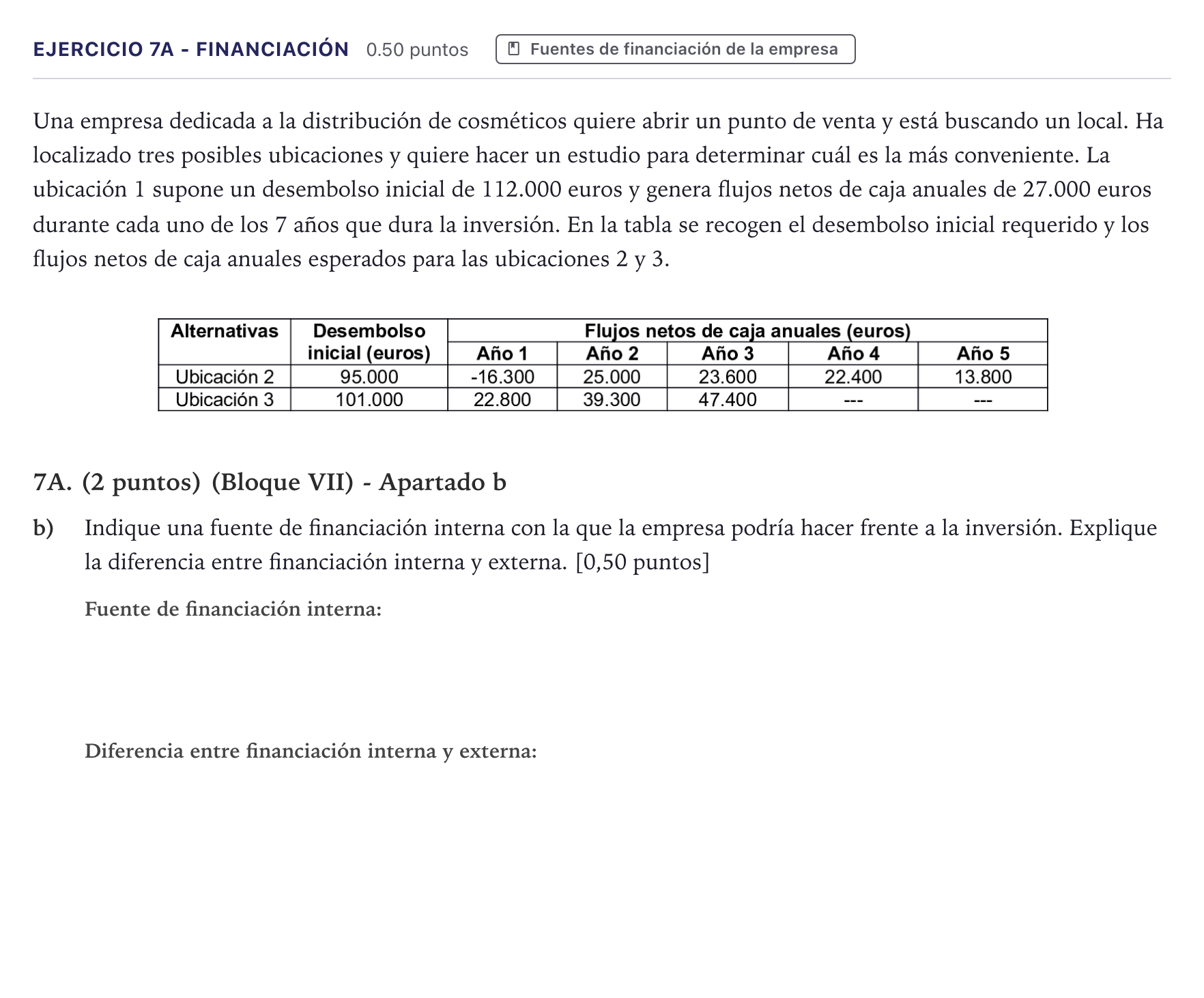 Enunciado: Ejercicio 7A - Financiación · Economía de la Empresa PAU Canarias Junio 2022