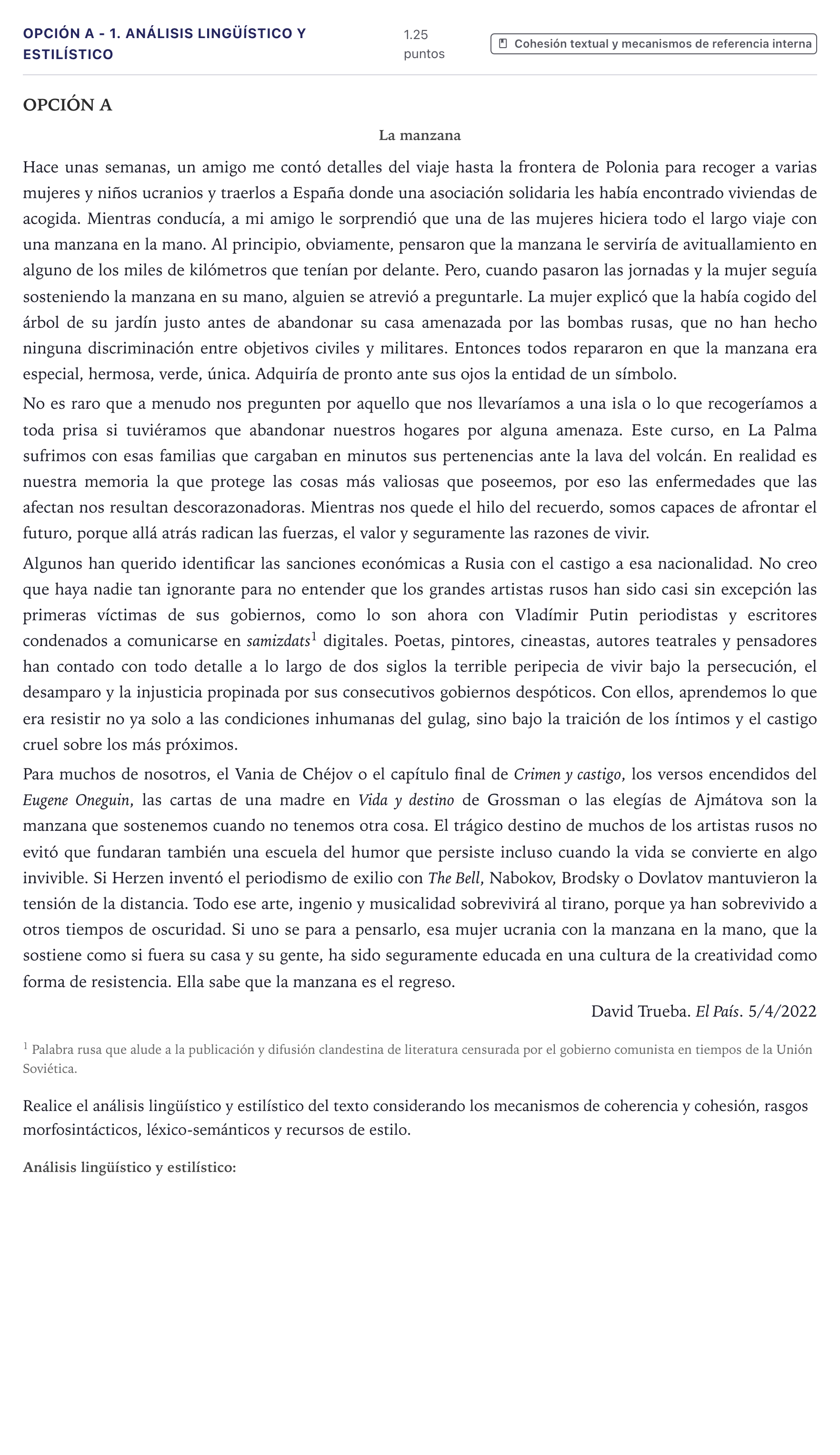 Enunciado: Opción A - 1. Análisis lingüístico y estilístico · Lengua Castellana y Literatura II PAU Canarias Julio 2022