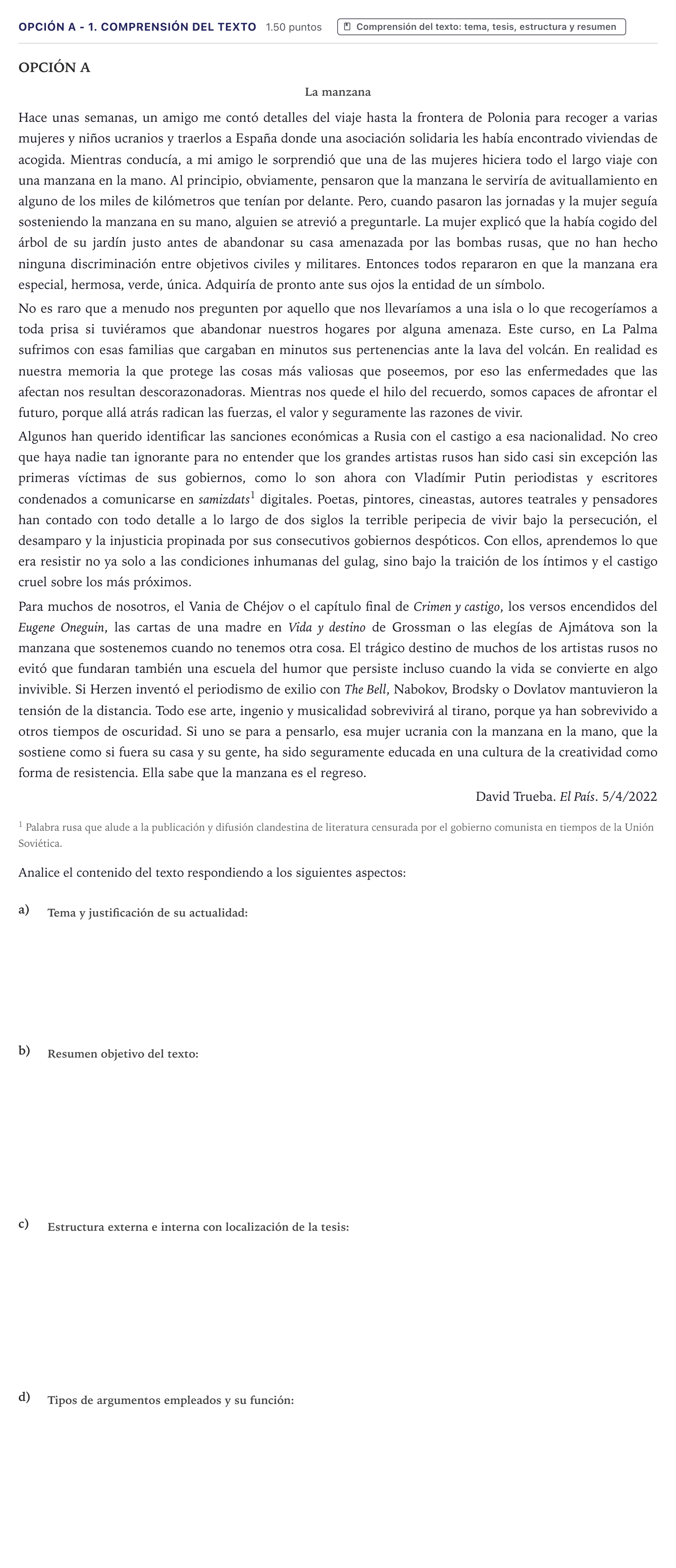 Enunciado: Opción A - 1. Comprensión del texto · Lengua Castellana y Literatura II PAU Canarias Julio 2022