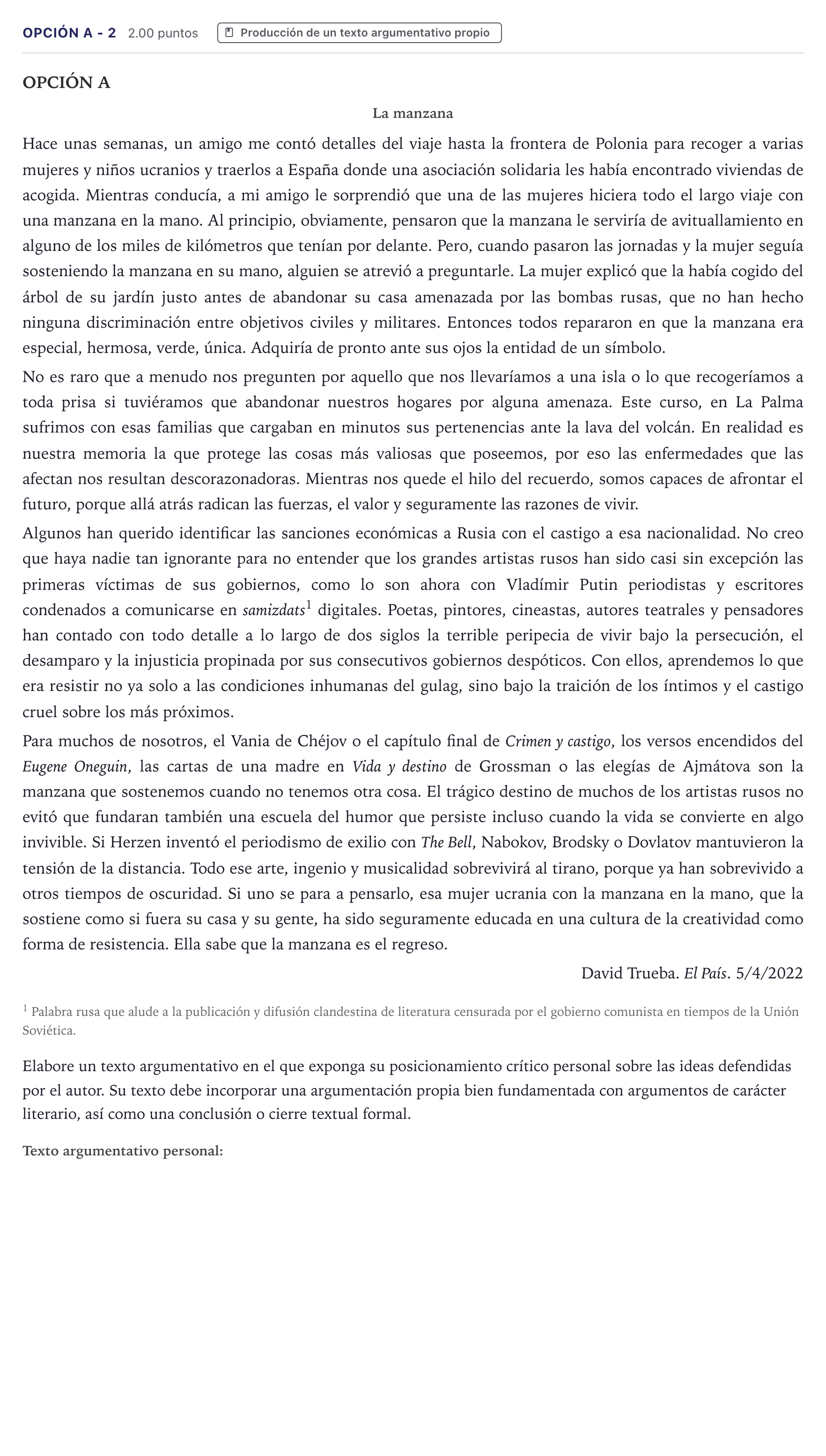 Enunciado: Opción A - 2 · Lengua Castellana y Literatura II PAU Canarias Julio 2022