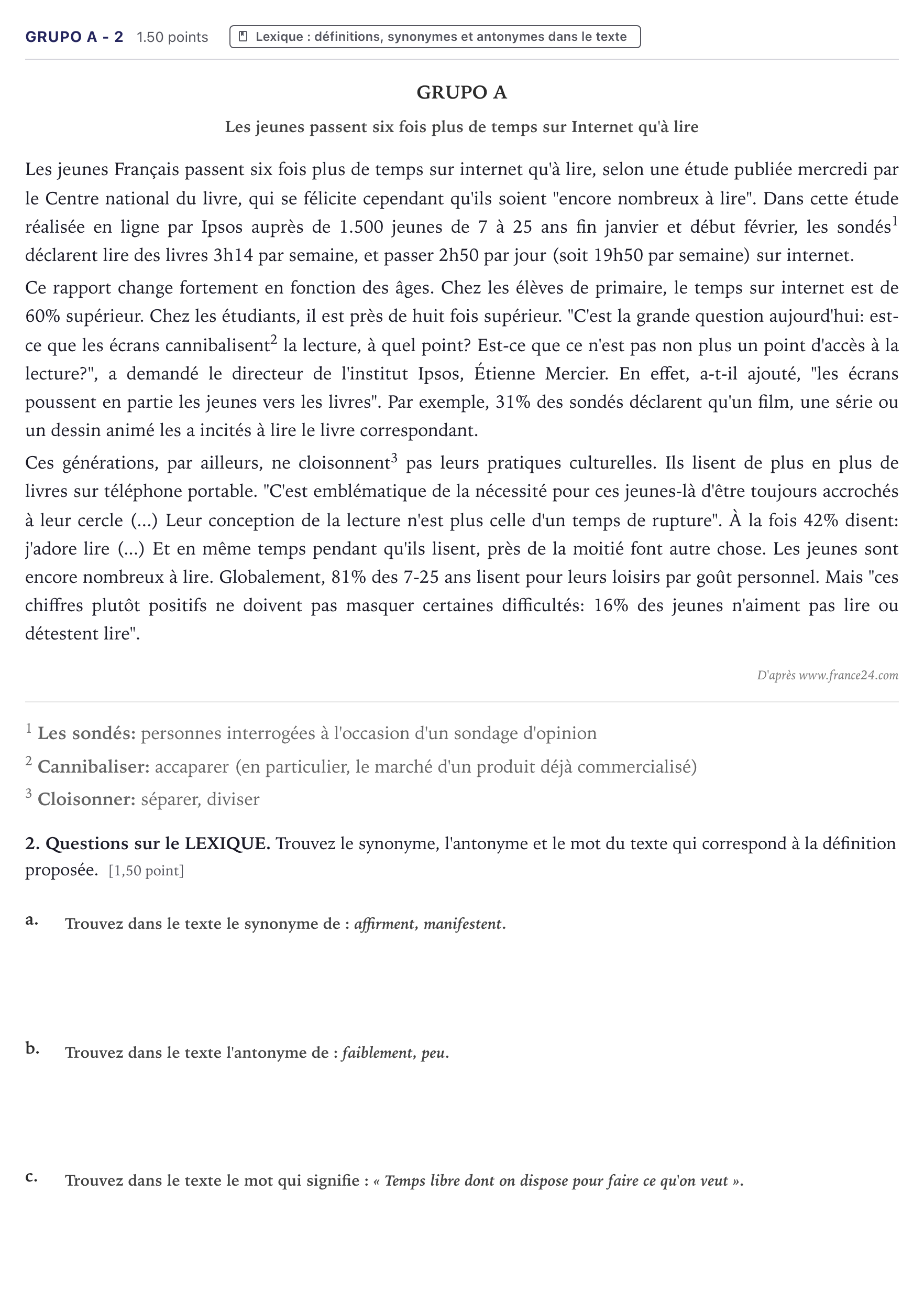 Enunciado: Ejercicio Grupo A - 2 · Francés PAU Canarias Julio 2022