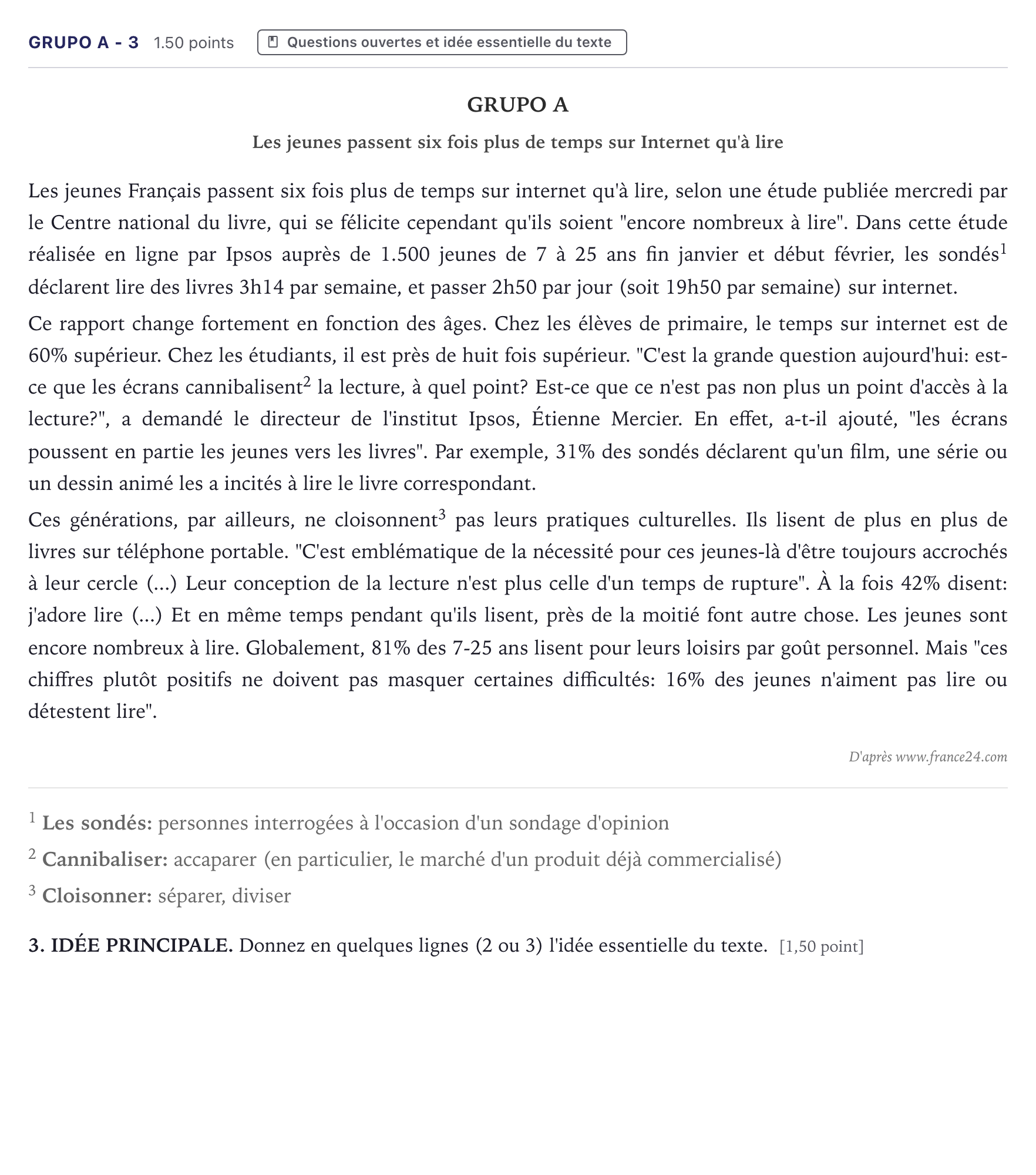 Enunciado: Ejercicio Grupo A - 3 · Francés PAU Canarias Julio 2022