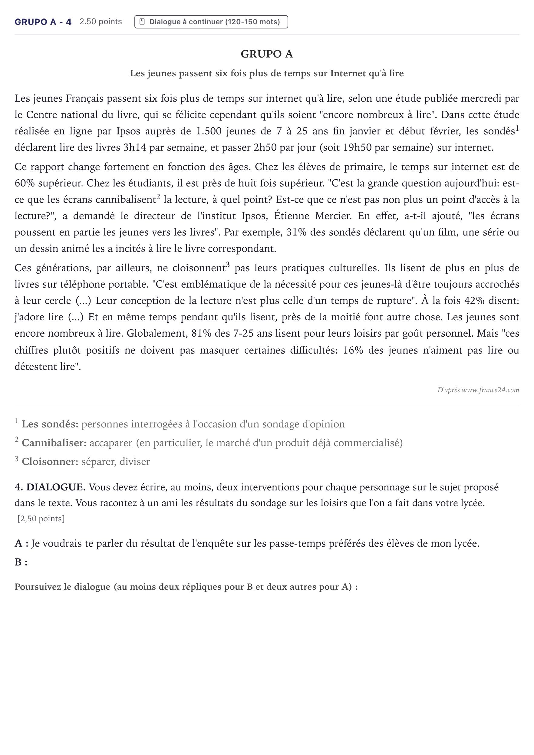 Enunciado: Ejercicio Grupo A - 4 · Francés PAU Canarias Julio 2022