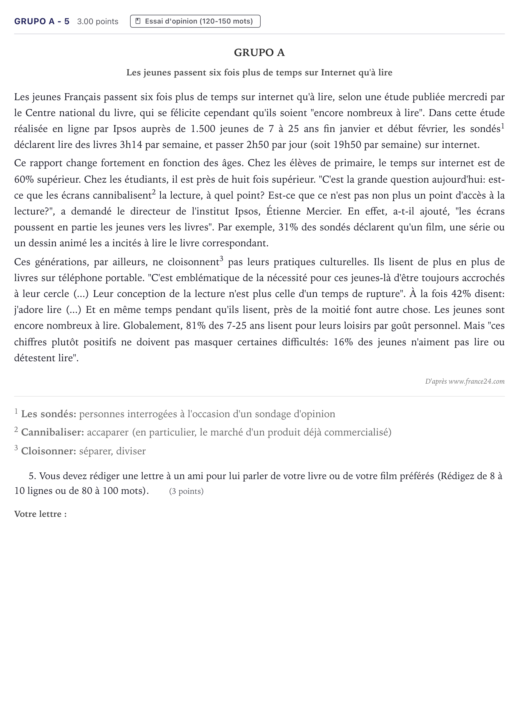 Enunciado: Ejercicio Grupo A - 5 · Francés PAU Canarias Julio 2022
