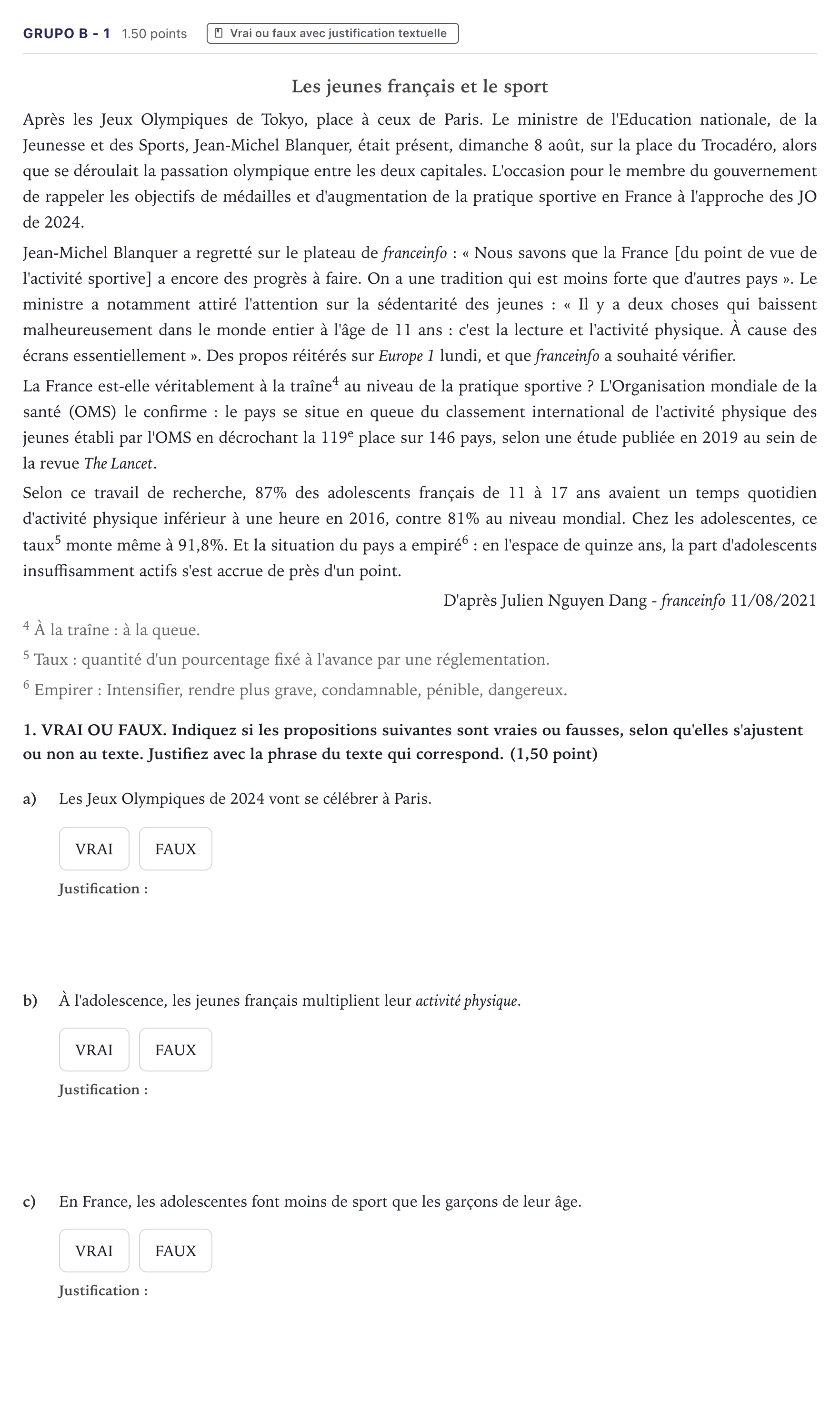 Enunciado: Ejercicio Grupo B - 1 · Francés PAU Canarias Julio 2022