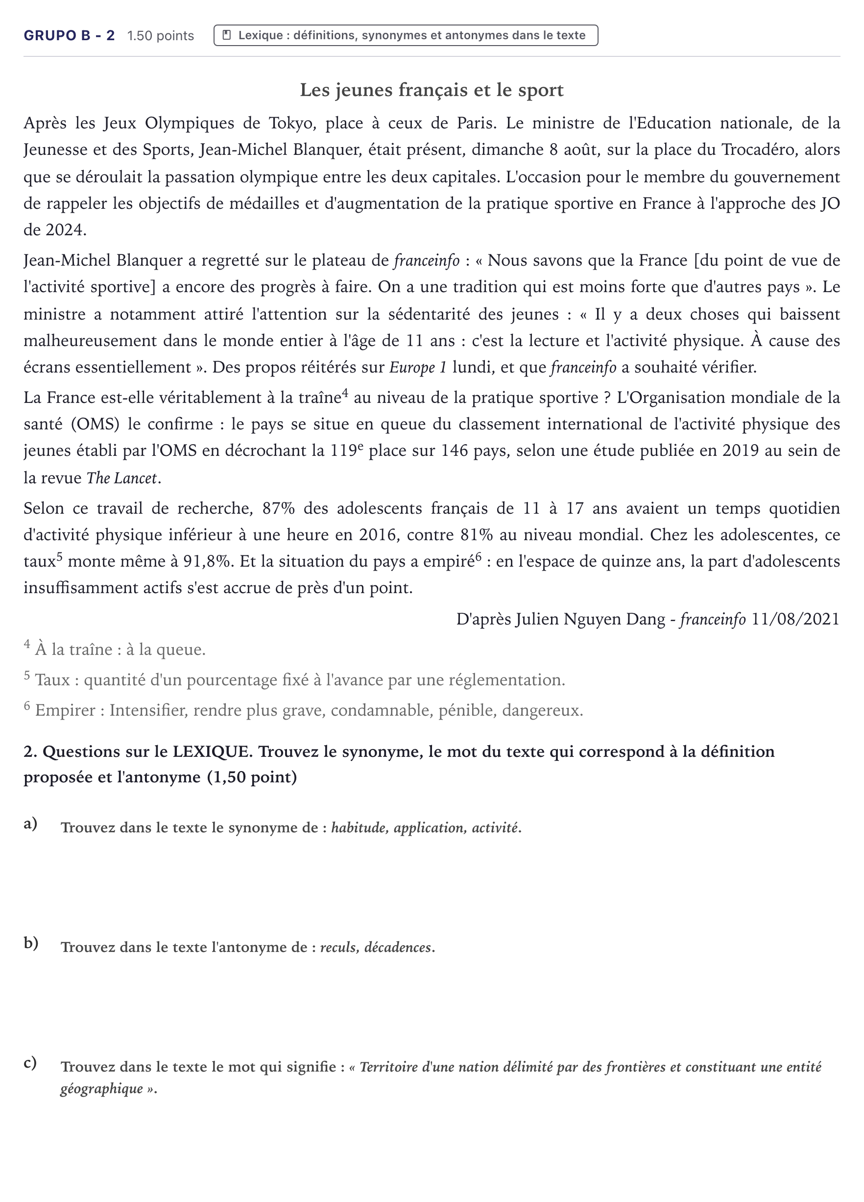 Enunciado: Ejercicio Grupo B - 2 · Francés PAU Canarias Julio 2022