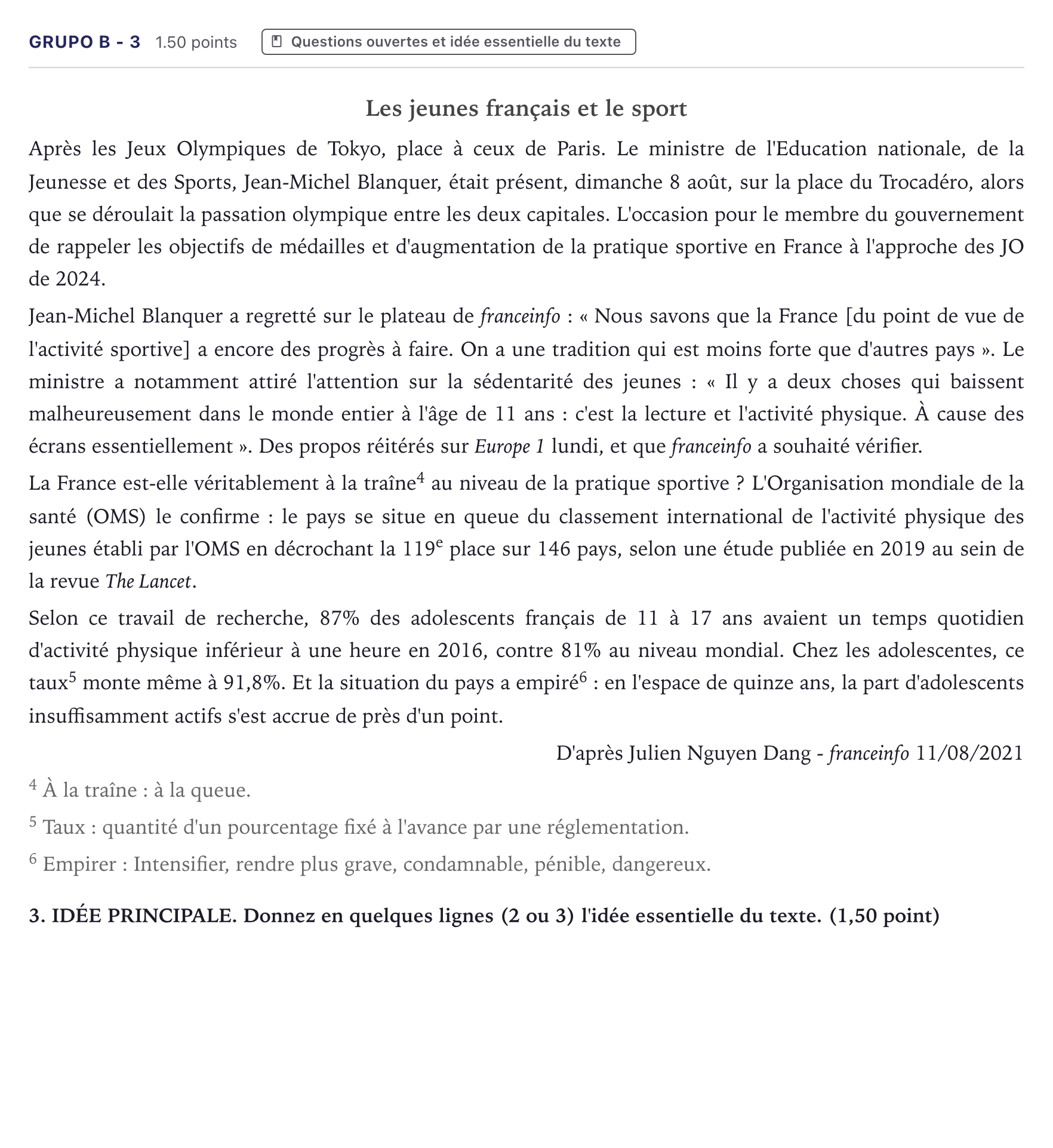 Enunciado: Ejercicio Grupo B - 3 · Francés PAU Canarias Julio 2022