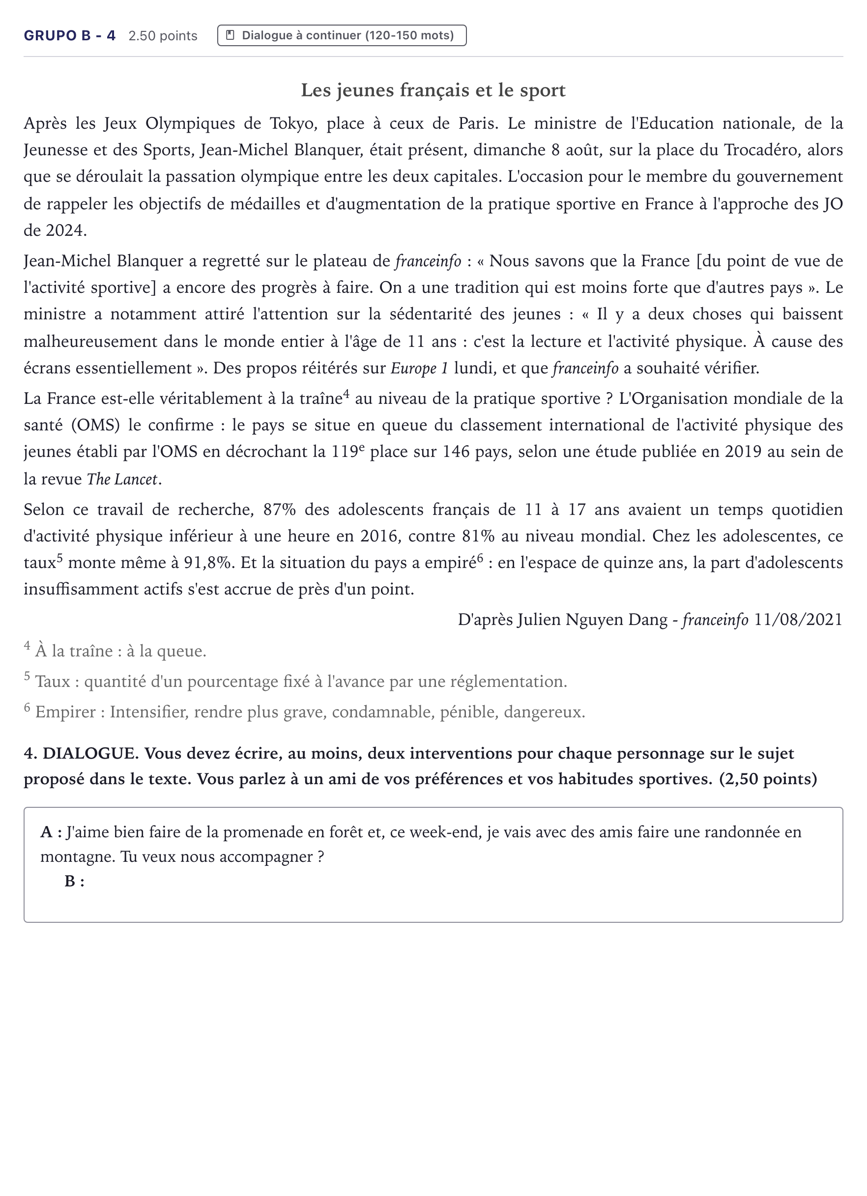 Enunciado: Ejercicio Grupo B - 4 · Francés PAU Canarias Julio 2022