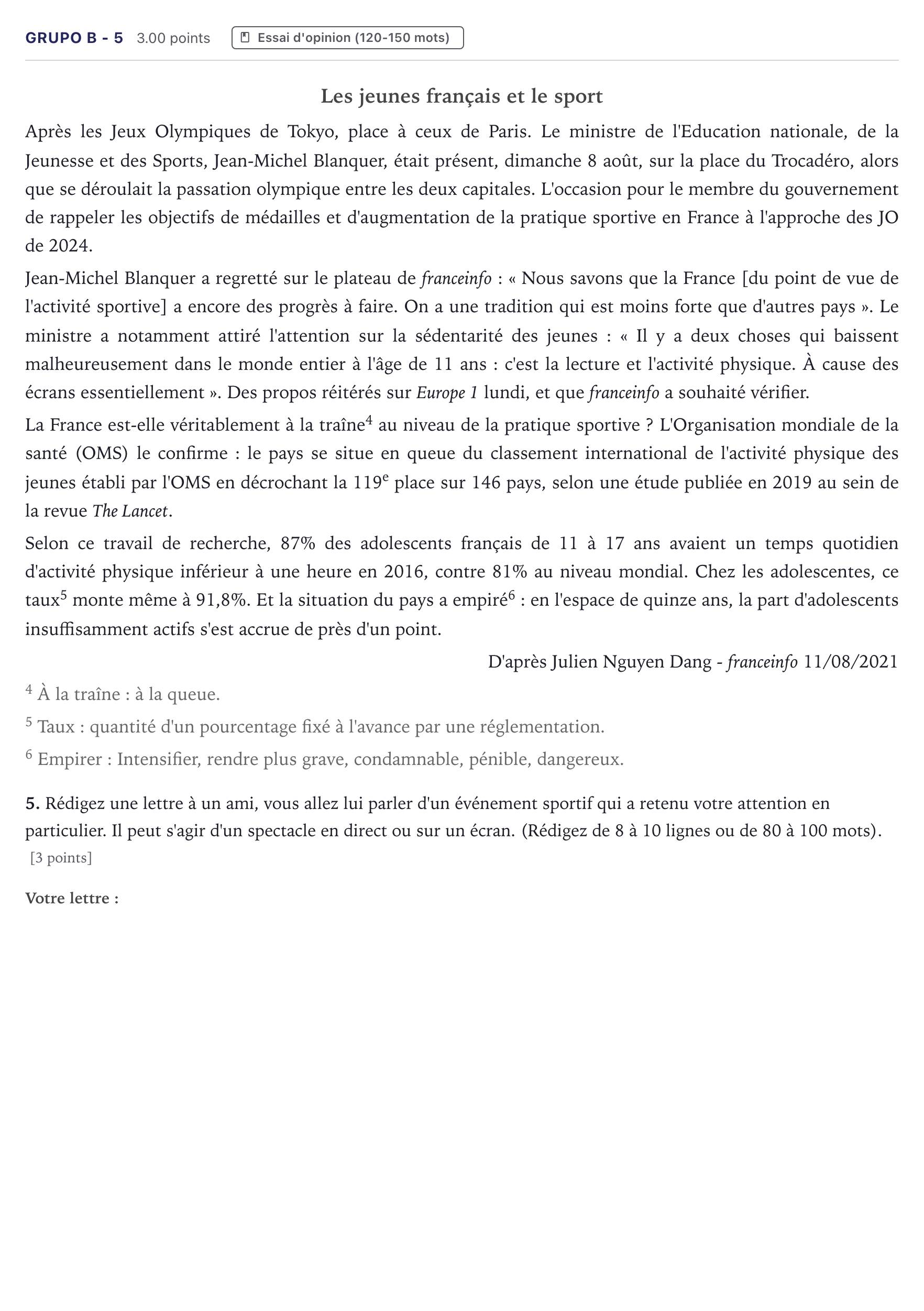 Enunciado: Ejercicio Grupo B - 5 · Francés PAU Canarias Julio 2022
