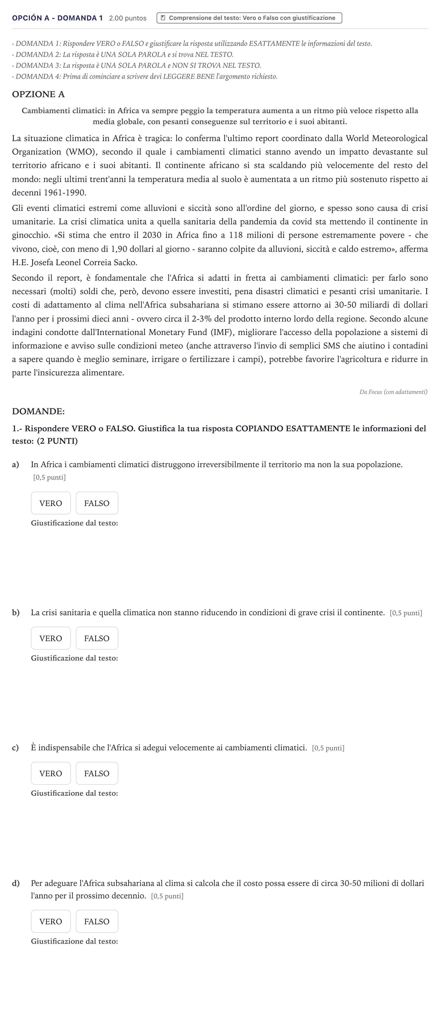 Enunciado: Opción A - Domanda 1 · Italiano PAU Canarias Julio 2022