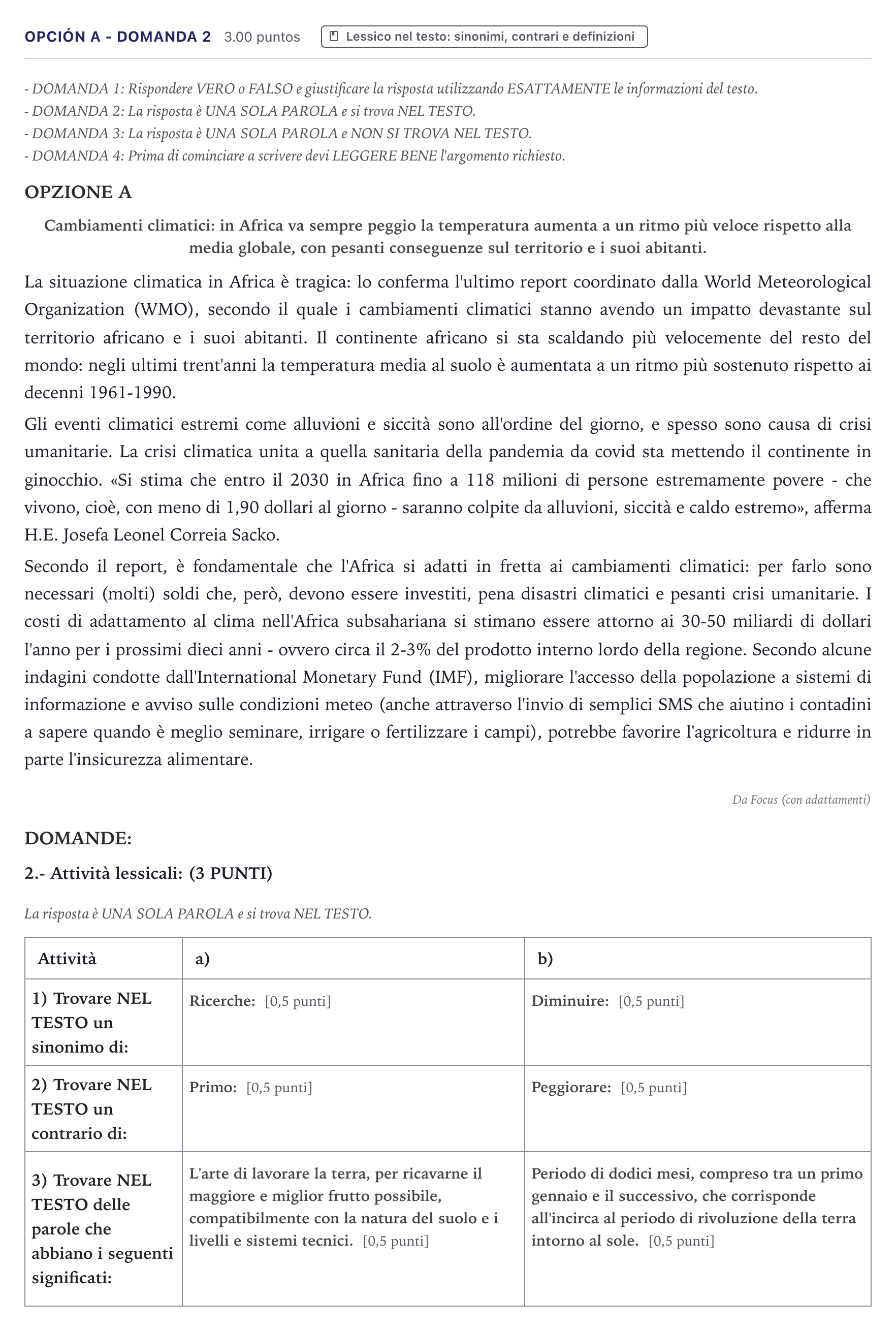 Enunciado: Opción A - Domanda 2 · Italiano PAU Canarias Julio 2022