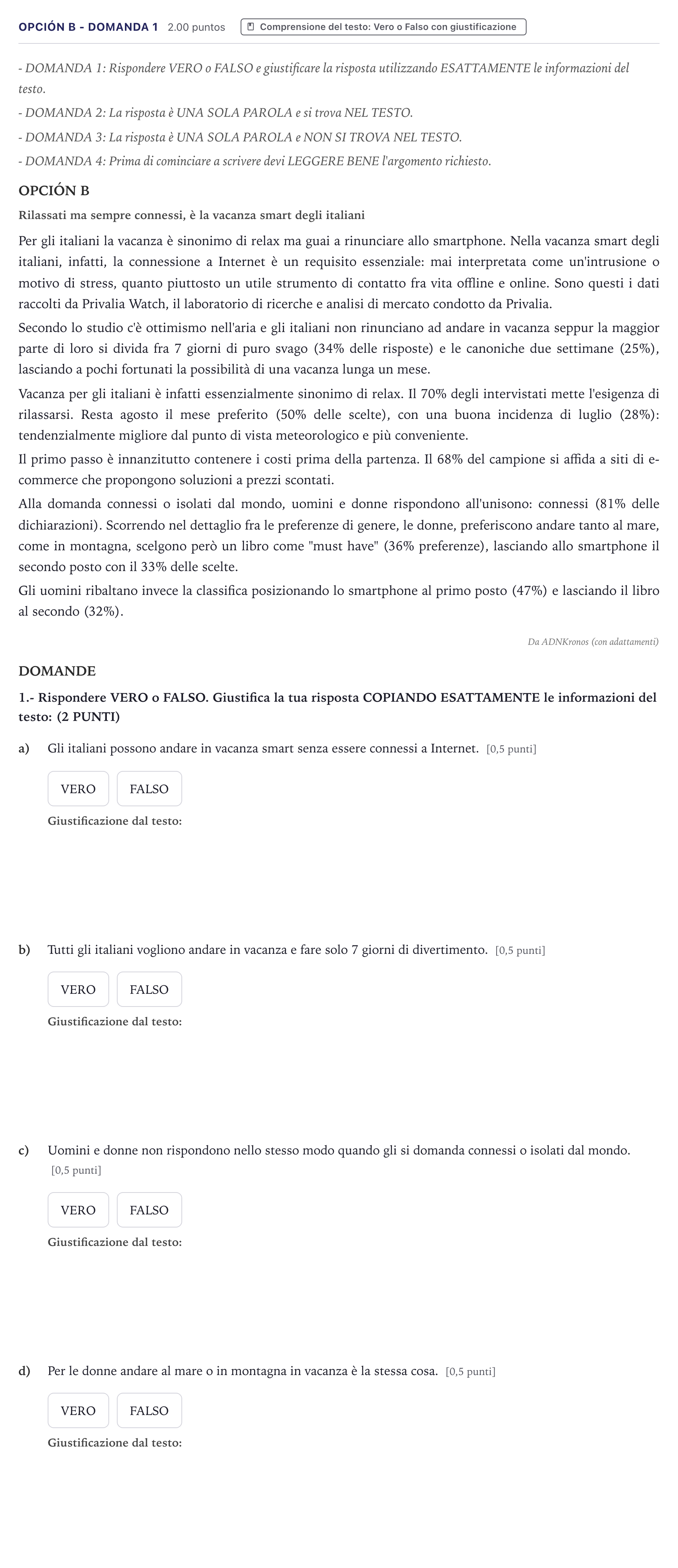 Enunciado: Opción B - Domanda 1 · Italiano PAU Canarias Julio 2022