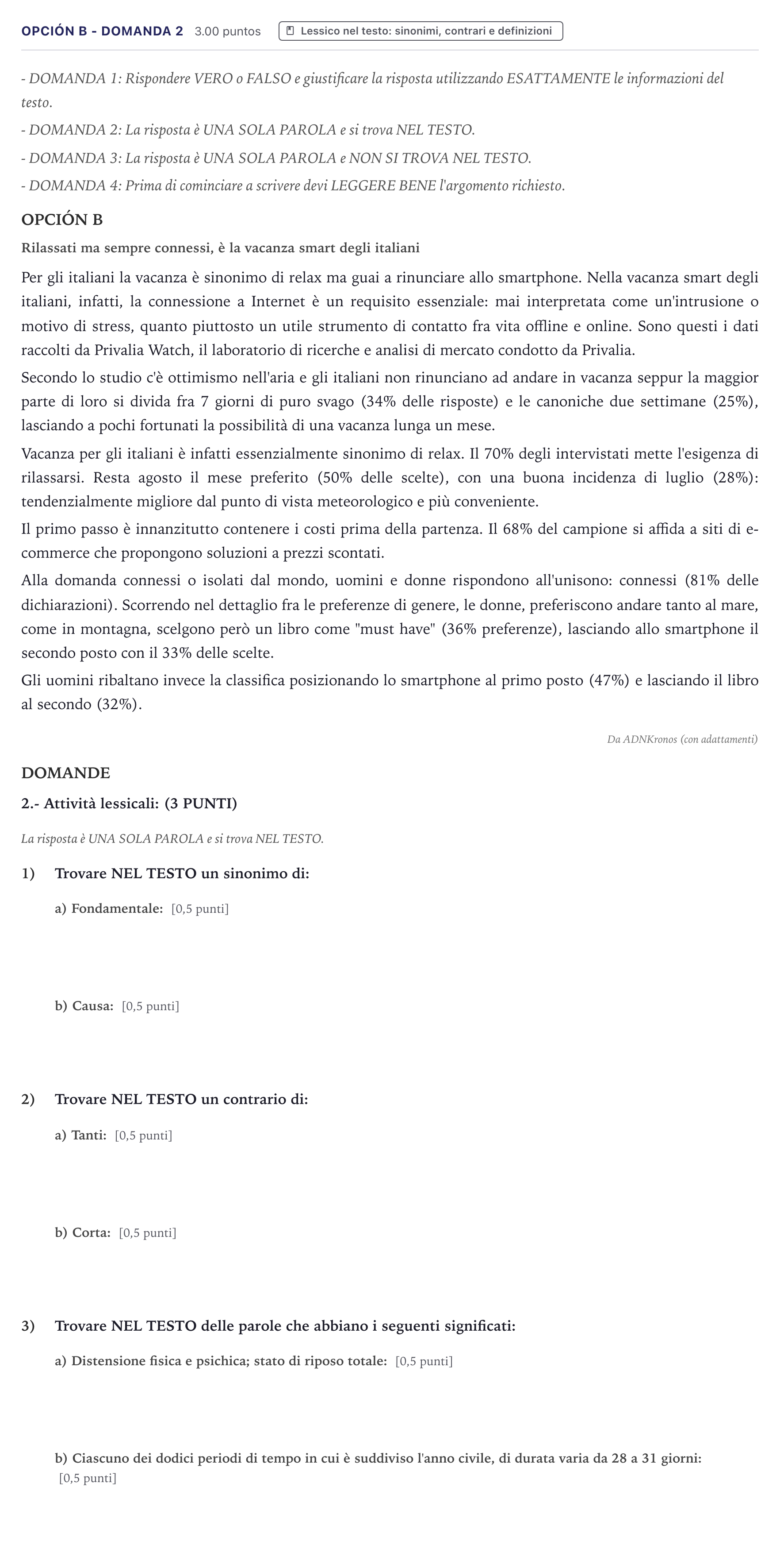 Enunciado: Opción B - Domanda 2 · Italiano PAU Canarias Julio 2022