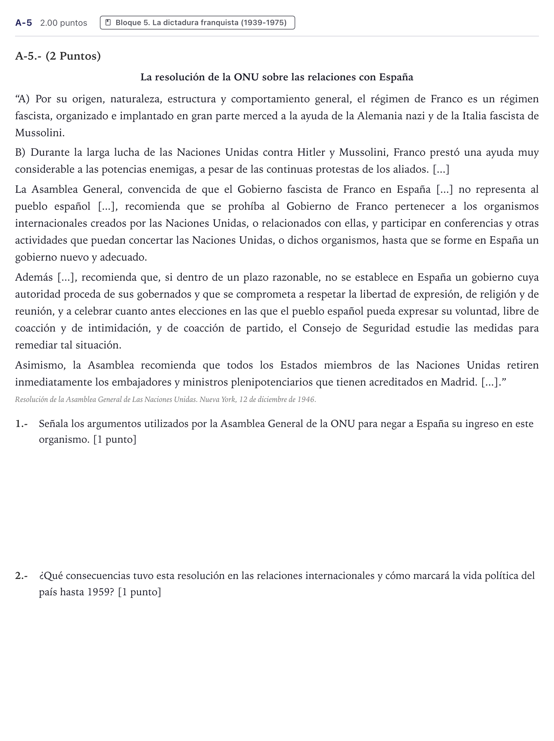 Enunciado: Ejercicio A-5 · Historia de España PAU Canarias Julio 2022