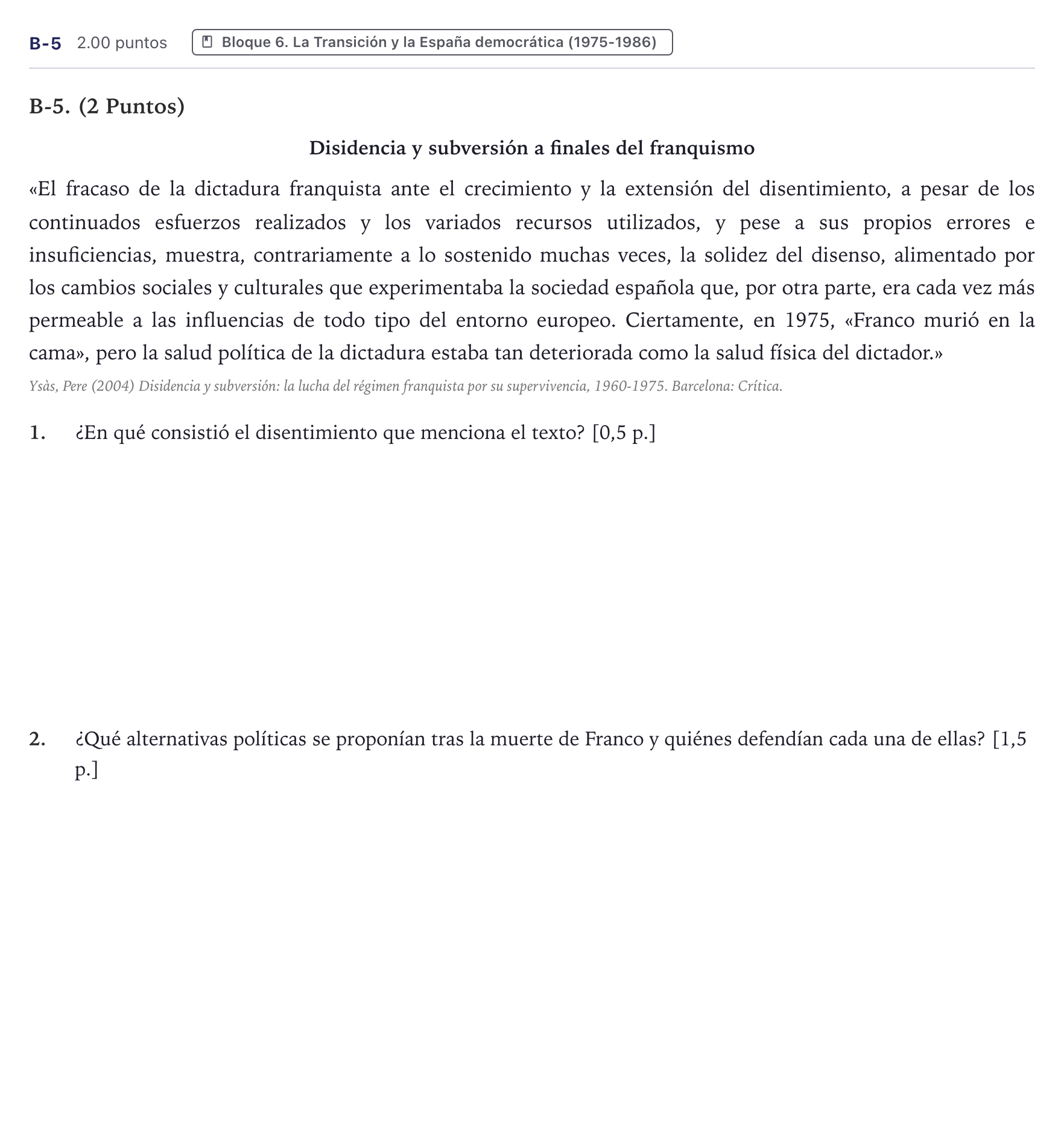 Enunciado: Ejercicio B-5 · Historia de España PAU Canarias Julio 2022