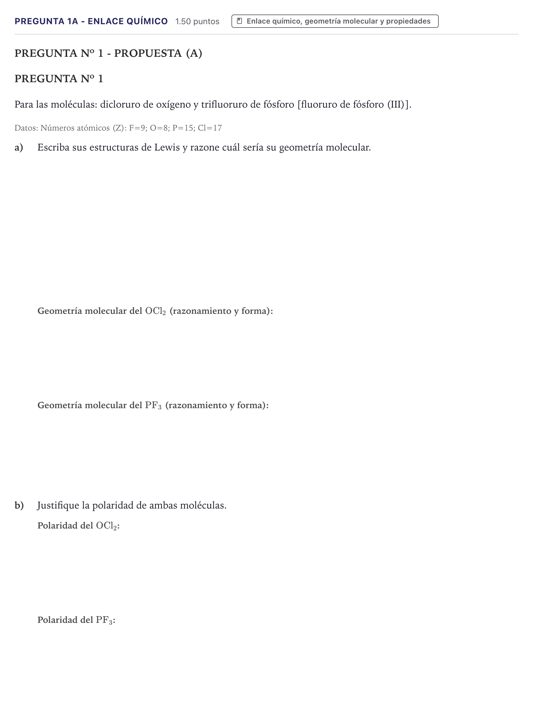Enunciado: Pregunta 1A - Enlace químico · Química PAU Canarias Julio 2022