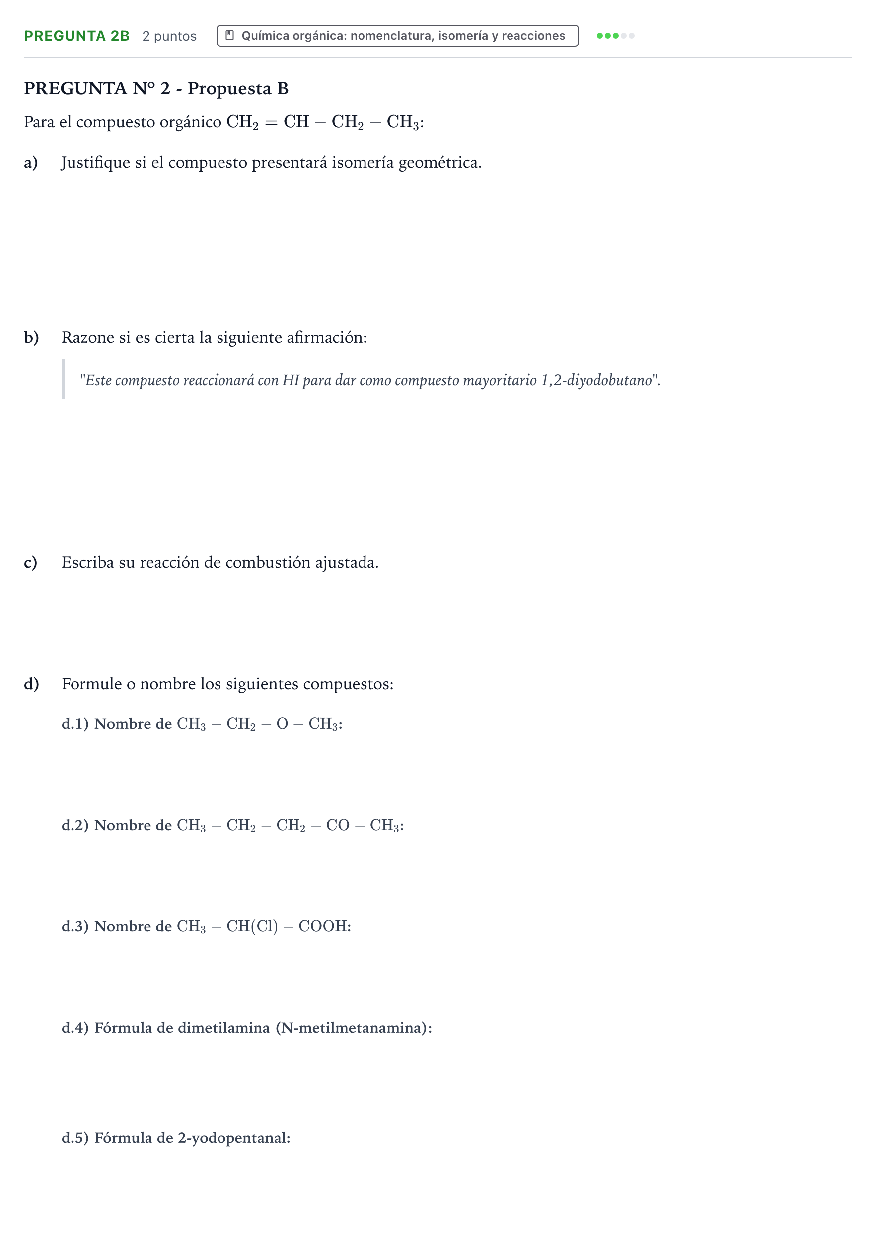 Enunciado: Pregunta 2B · Química PAU Canarias Julio 2022