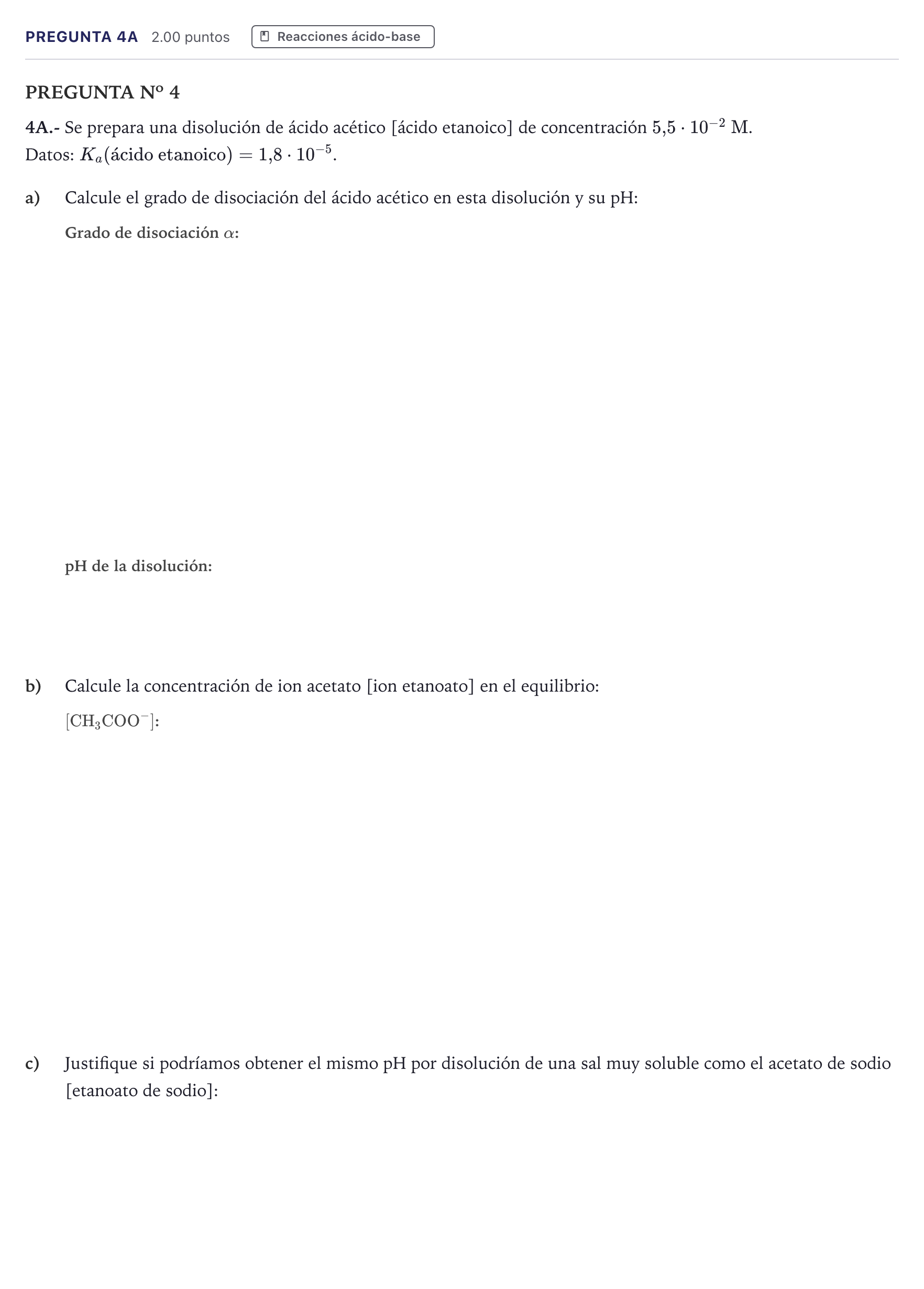Enunciado: Pregunta 4A · Química PAU Canarias Julio 2022