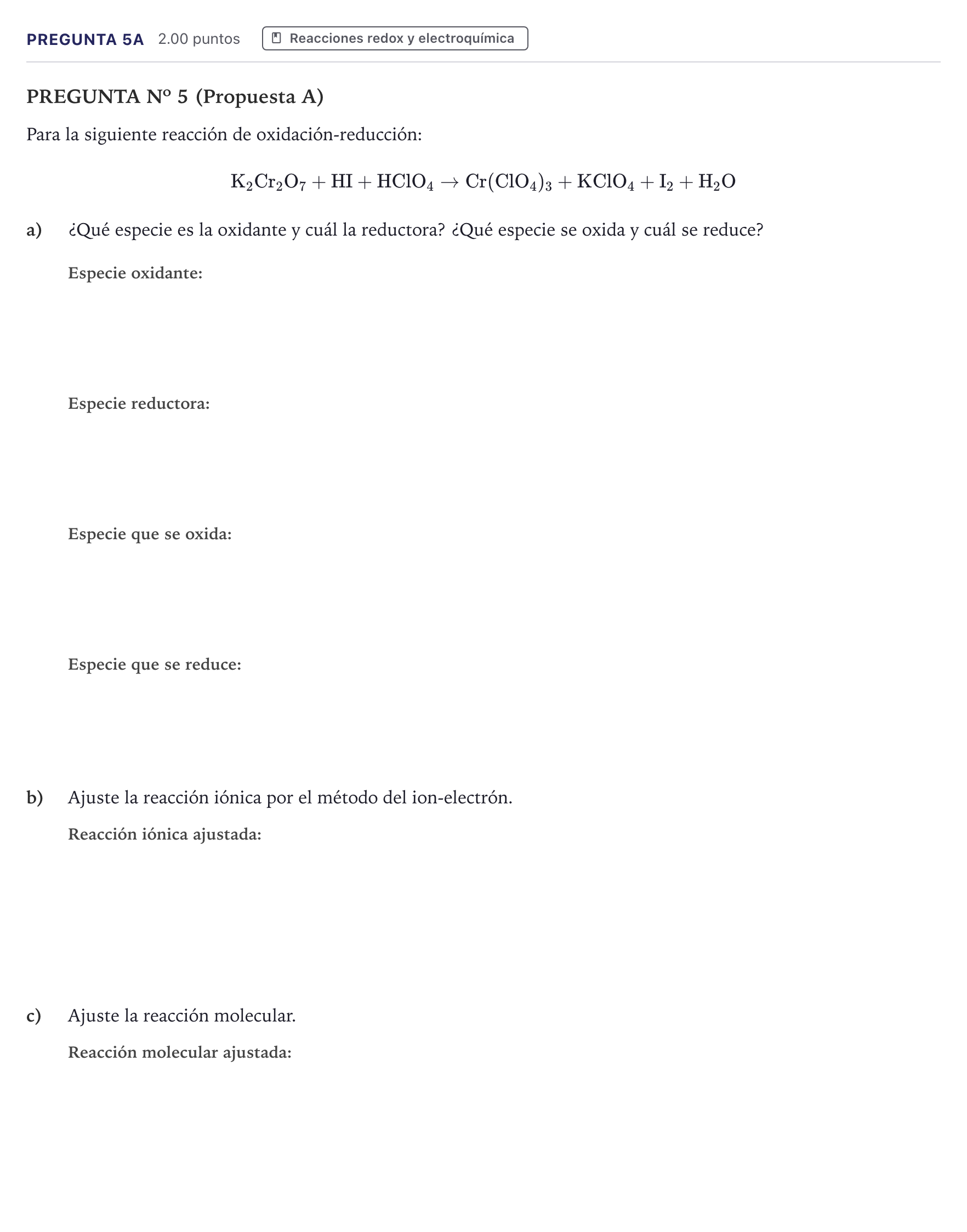 Enunciado: Pregunta 5A · Química PAU Canarias Julio 2022