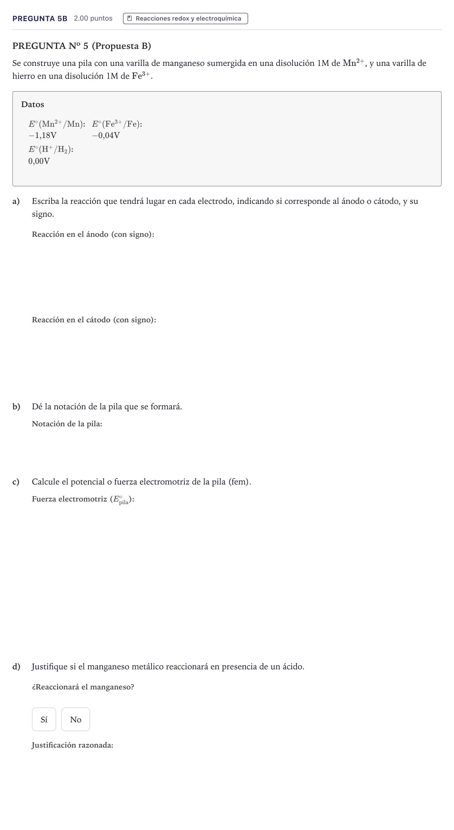 Enunciado: Pregunta 5B · Química PAU Canarias Julio 2022