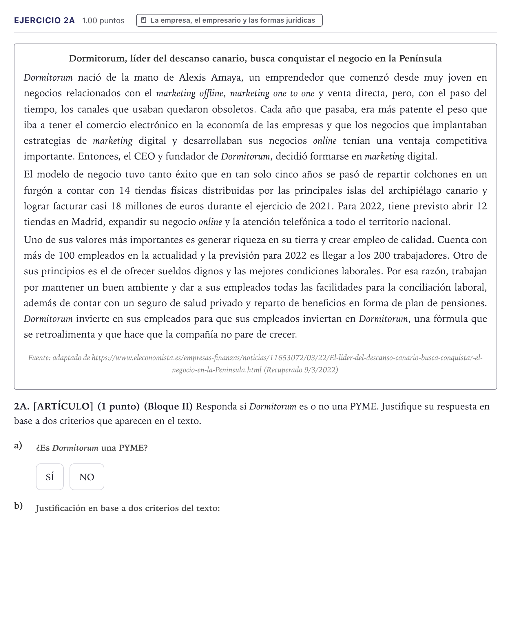 Enunciado: Ejercicio 2A · Economía de la Empresa PAU Canarias Julio 2022