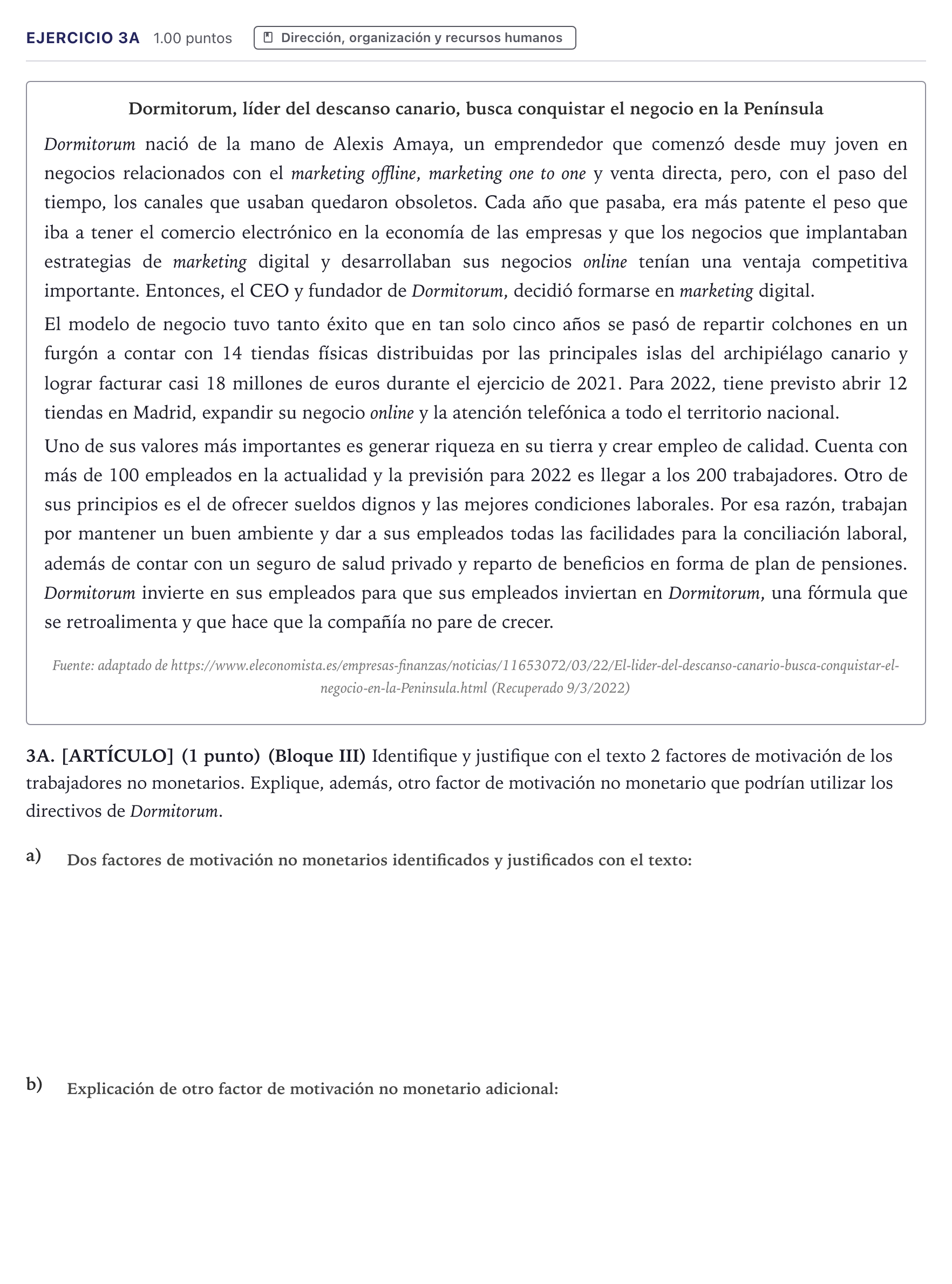 Enunciado: Ejercicio 3A · Economía de la Empresa PAU Canarias Julio 2022