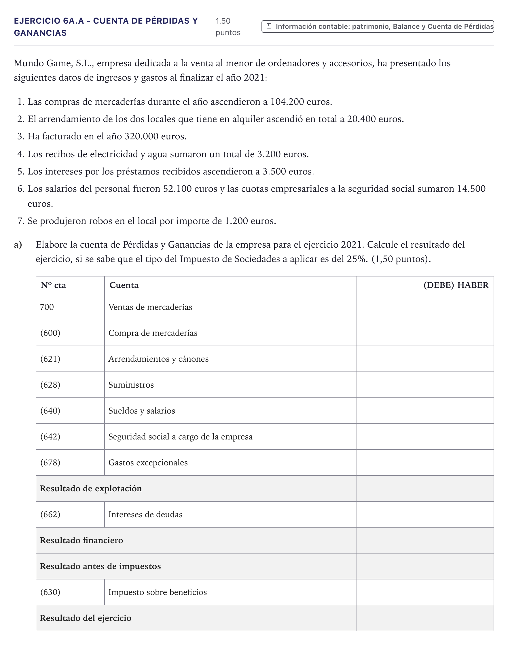 Enunciado: Ejercicio 6A.a - Cuenta de Pérdidas y Ganancias · Economía de la Empresa PAU Canarias Julio 2022