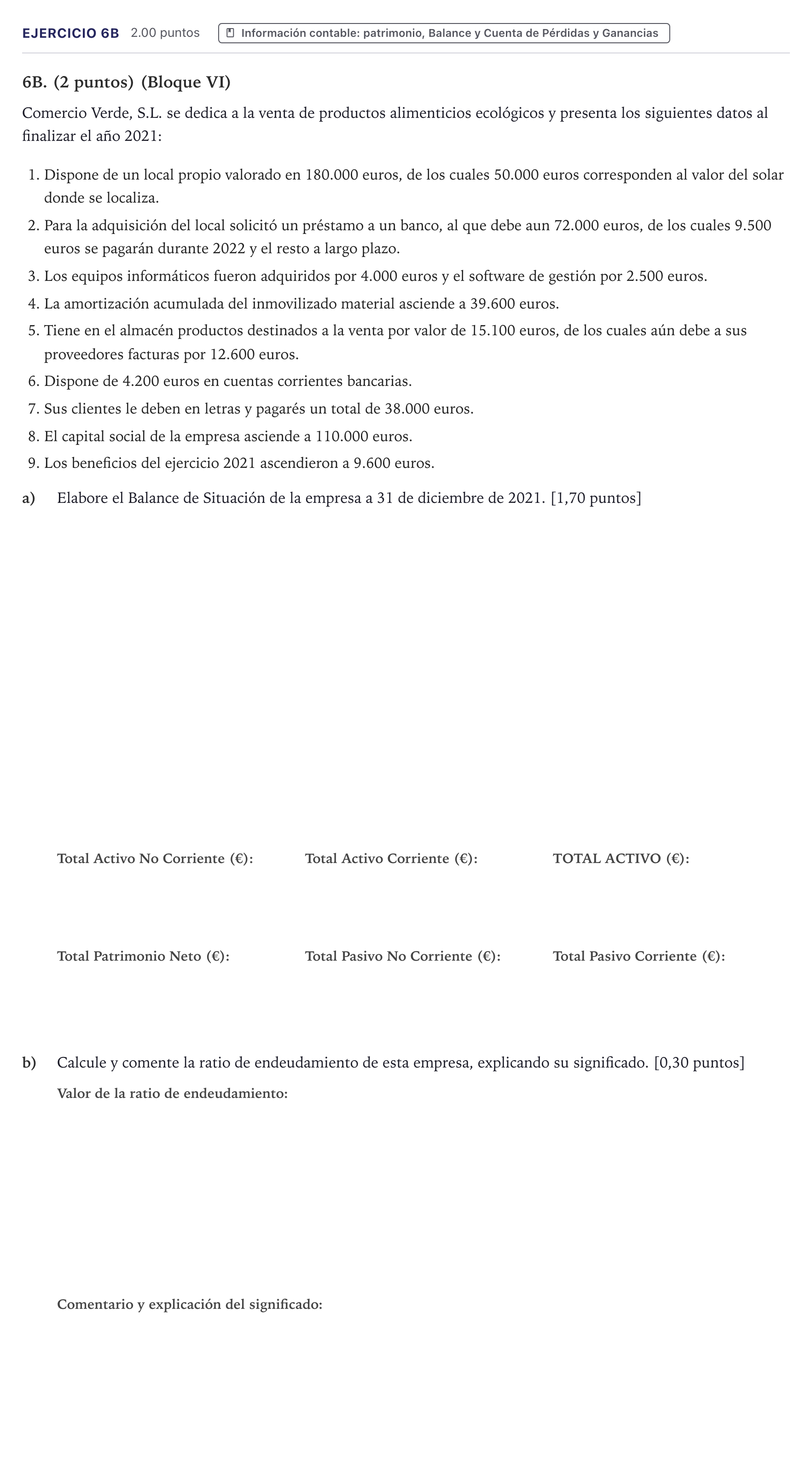 Enunciado: Ejercicio 6B · Economía de la Empresa PAU Canarias Julio 2022