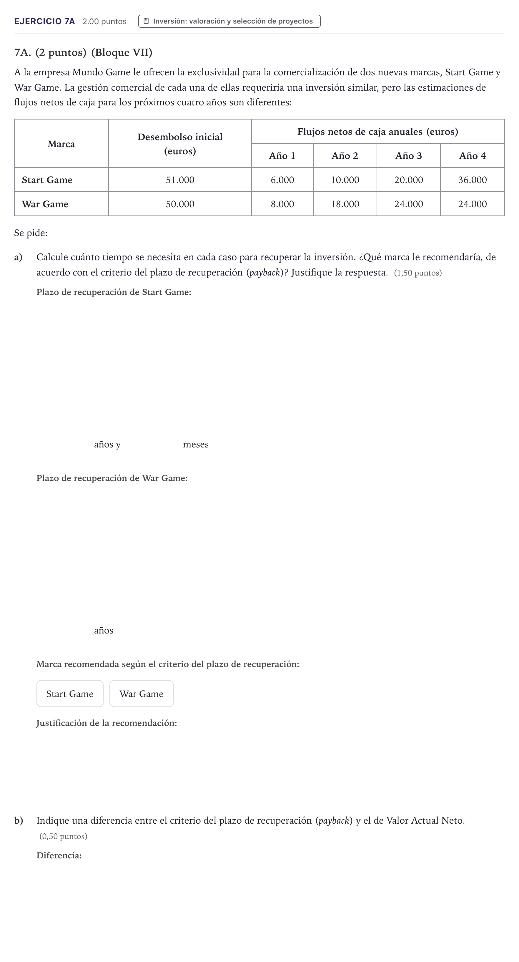 Enunciado: Ejercicio 7A · Economía de la Empresa PAU Canarias Julio 2022