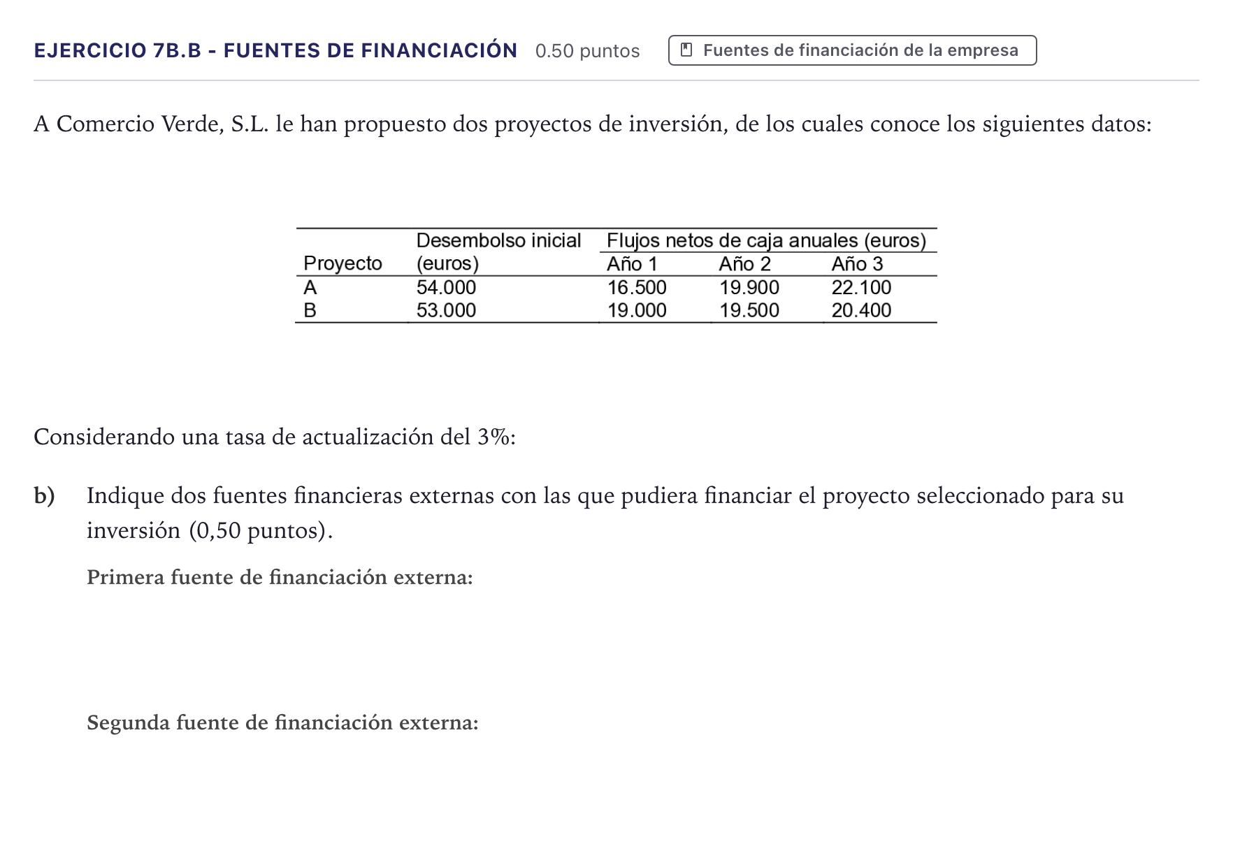 Enunciado: Ejercicio 7B.b - Fuentes de financiación · Economía de la Empresa PAU Canarias Julio 2022