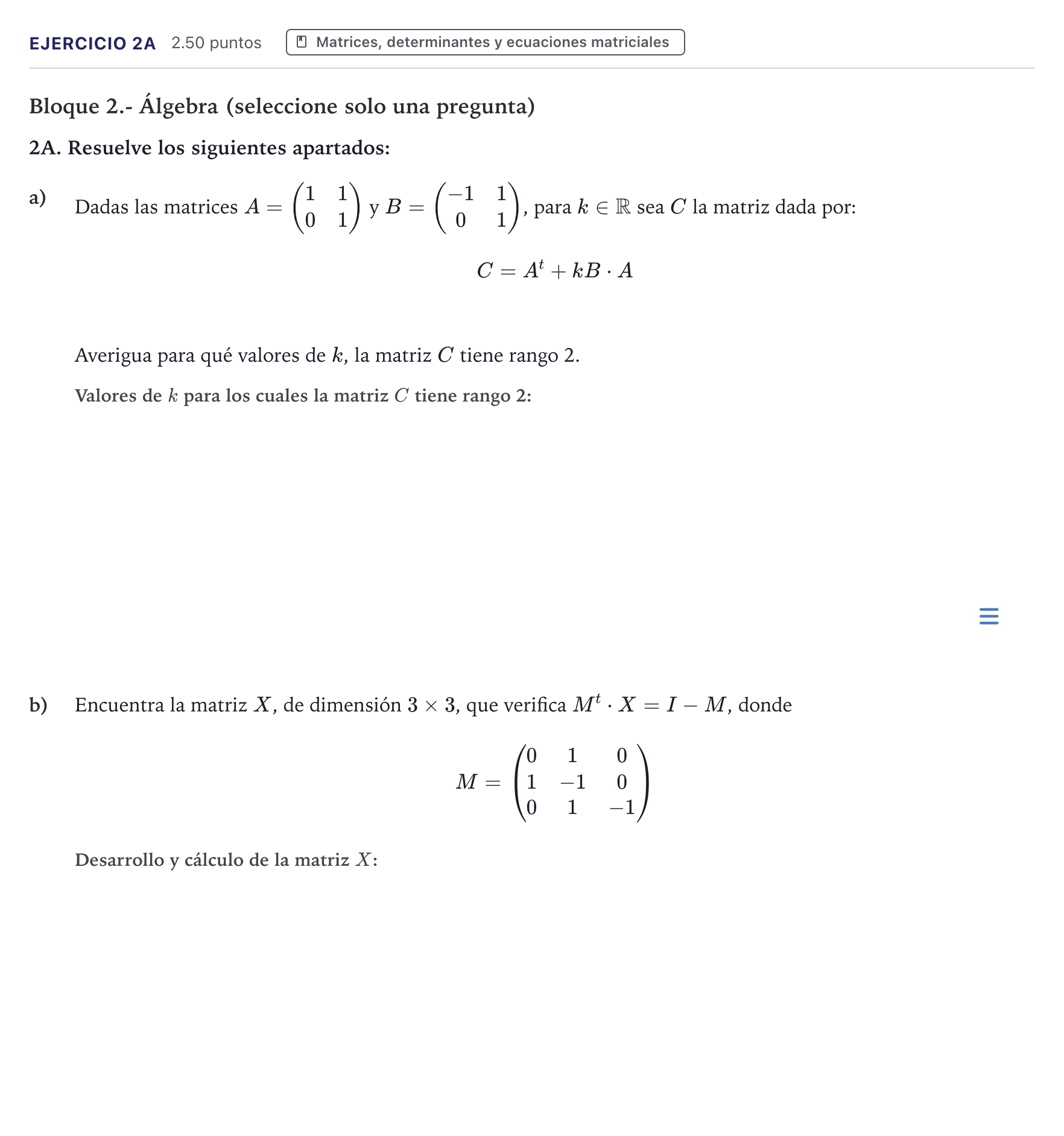 Enunciado: Ejercicio 2A · Matemáticas II PAU Canarias Julio 2022