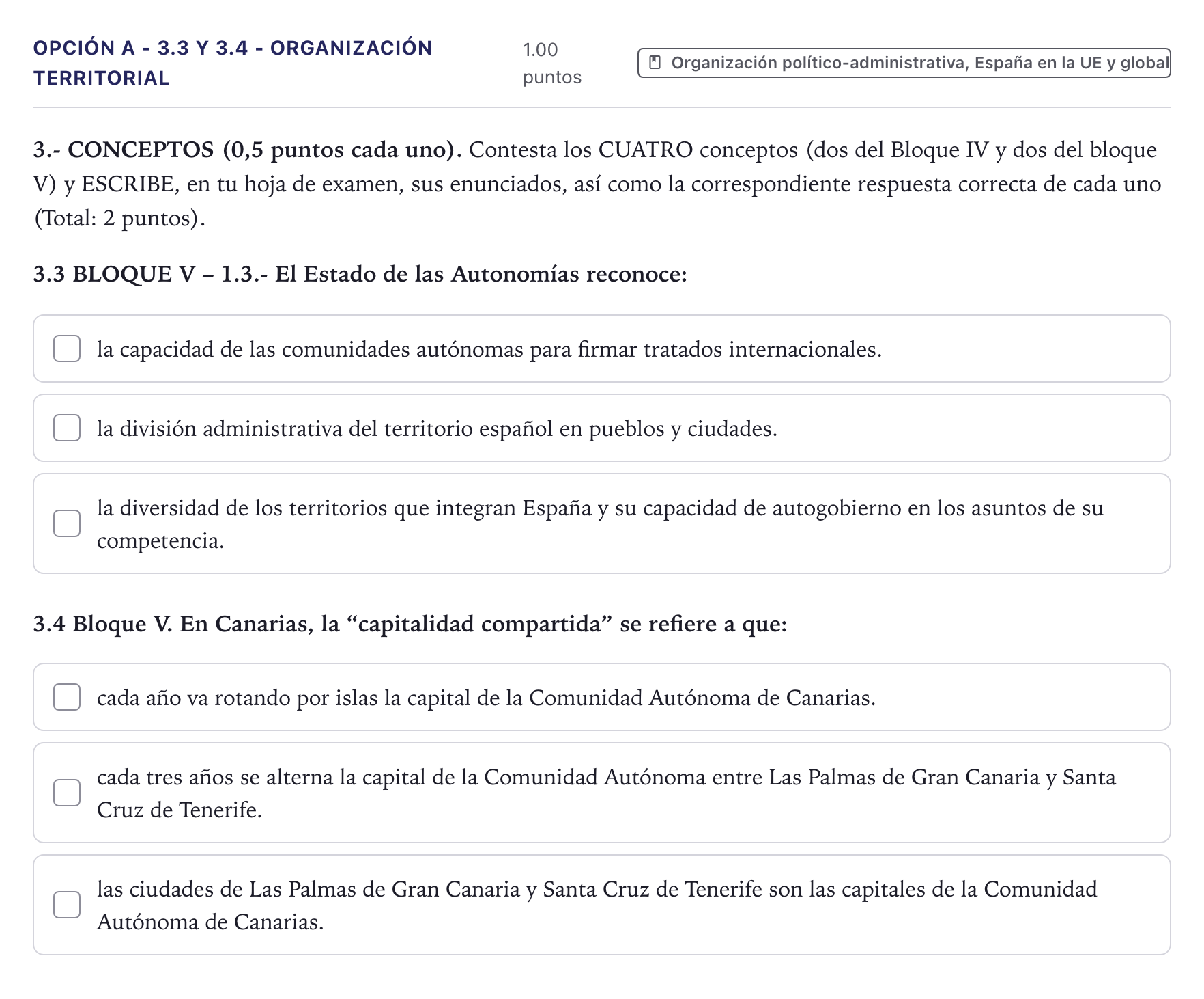 Enunciado: Opción A - 3.3 y 3.4 - Organización territorial · Geografía PAU Canarias Julio 2022