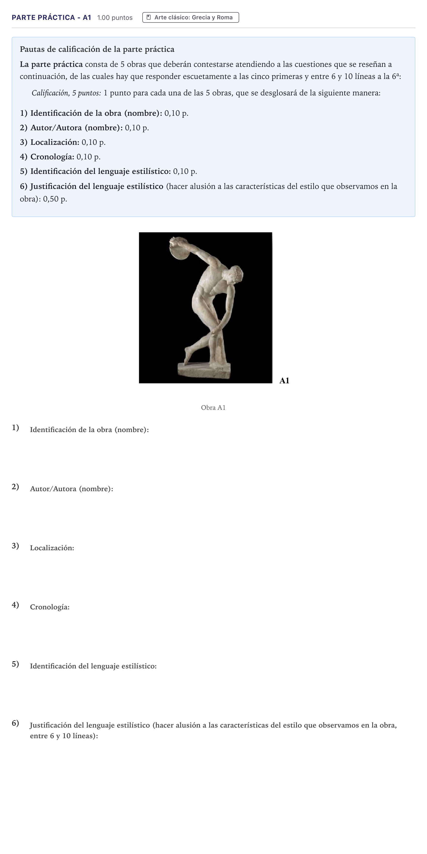 Enunciado: Ejercicio Parte Práctica - A1 · Historia del Arte PAU Canarias Julio 2022