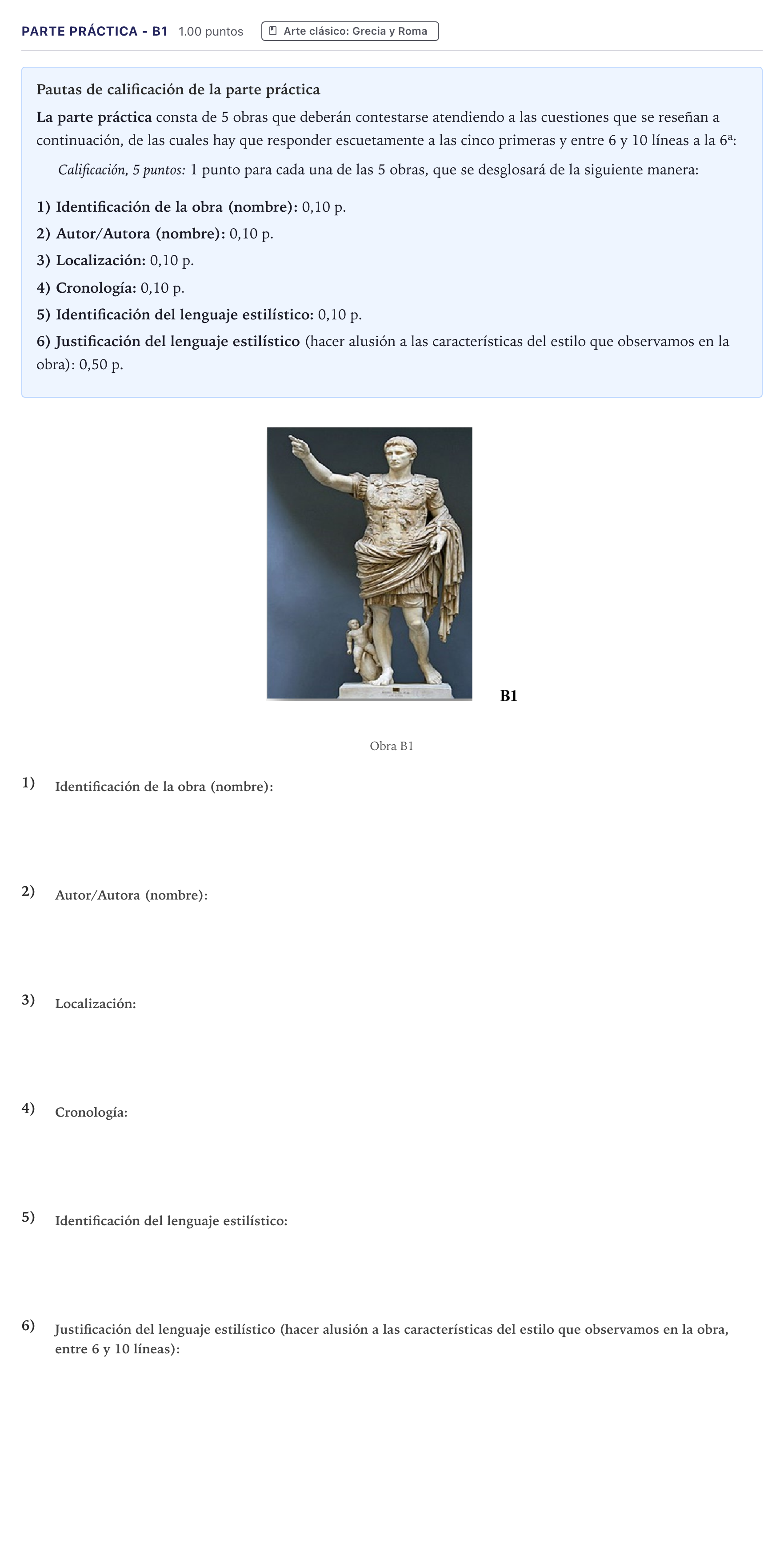 Enunciado: Ejercicio Parte Práctica - B1 · Historia del Arte PAU Canarias Julio 2022