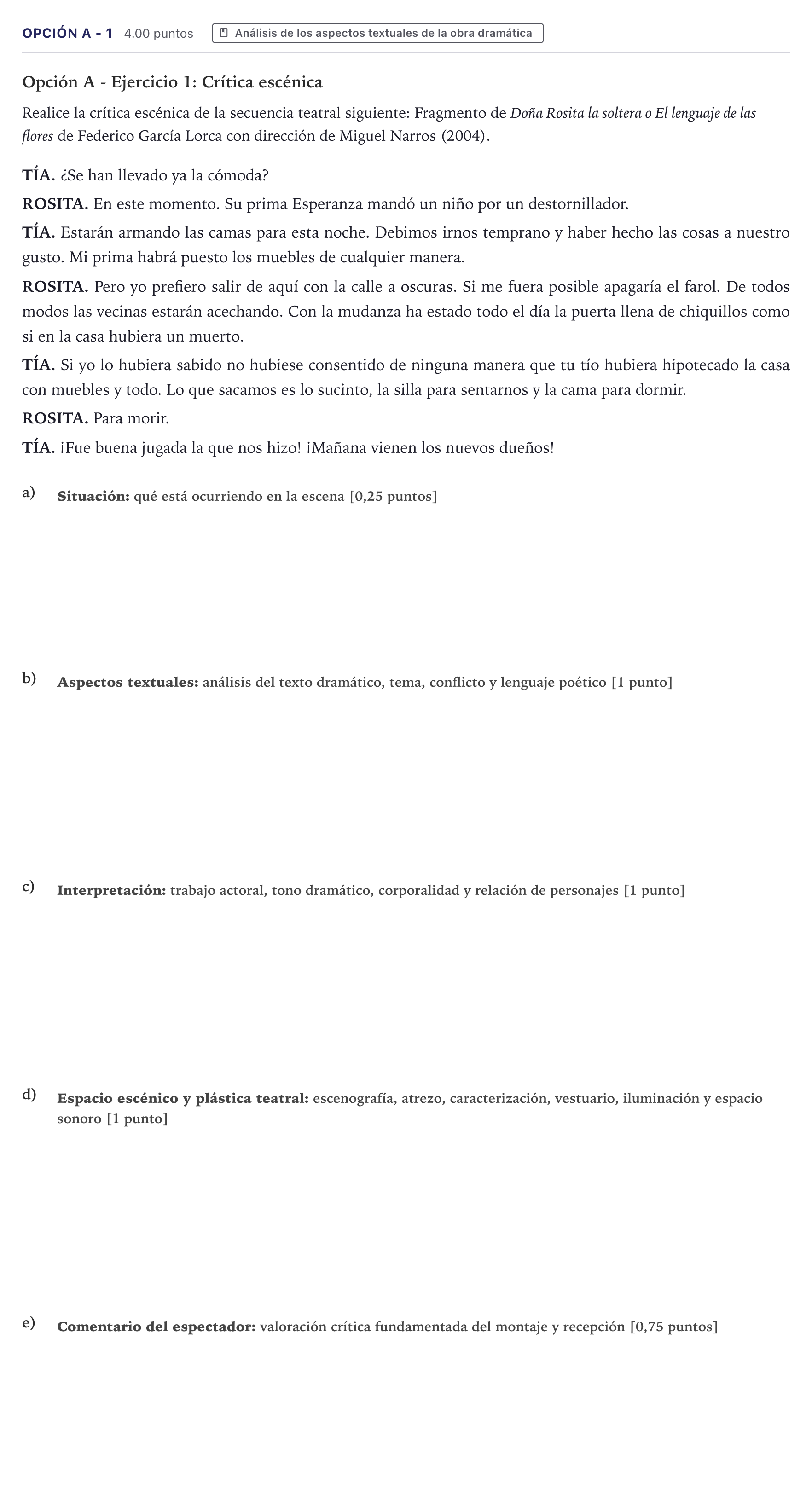 Enunciado: Opción A - 1 · Artes Escénicas PAU Canarias Junio 2023