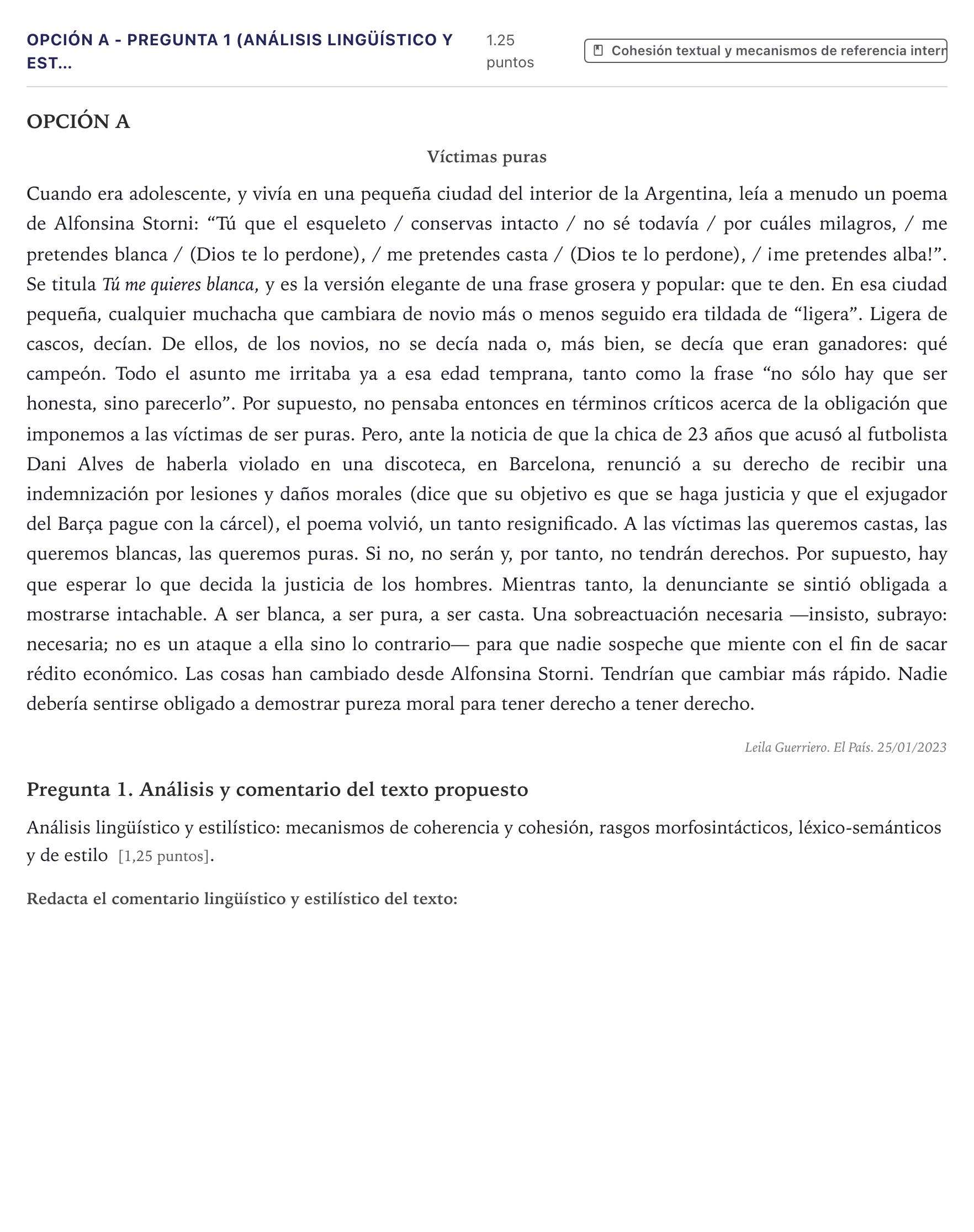 Enunciado: Opción A - Pregunta 1 (Análisis lingüístico y est… · Lengua Castellana y Literatura II PAU Canarias Junio (Ciencias) 2023